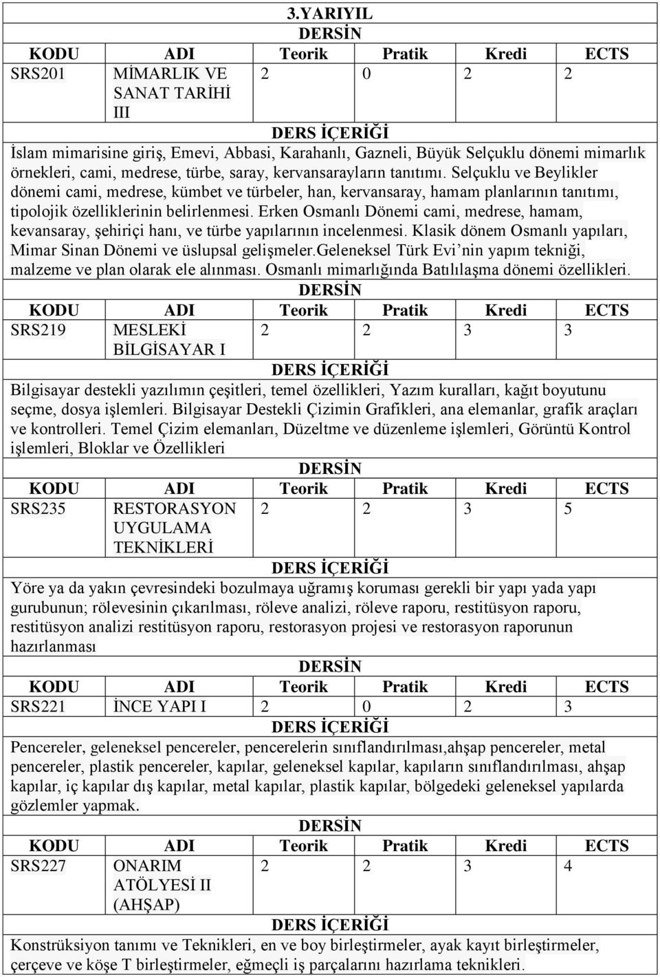 Erken Osmanlı Dönemi cami, medrese, hamam, kevansaray, şehiriçi hanı, ve türbe yapılarının incelenmesi. Klasik dönem Osmanlı yapıları, Mimar Sinan Dönemi ve üslupsal gelişmeler.