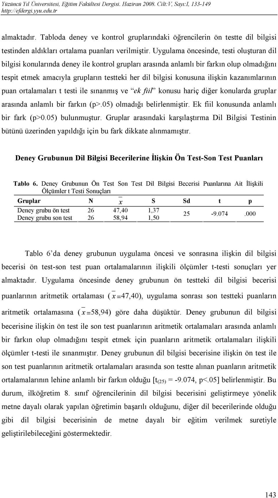 ilişkin kazanımlarının puan ortalamaları t testi ile sınanmış ve ek fiil konusu hariç diğer konularda gruplar arasında anlamlı bir farkın (p>.05) olmadığı belirlenmiştir.