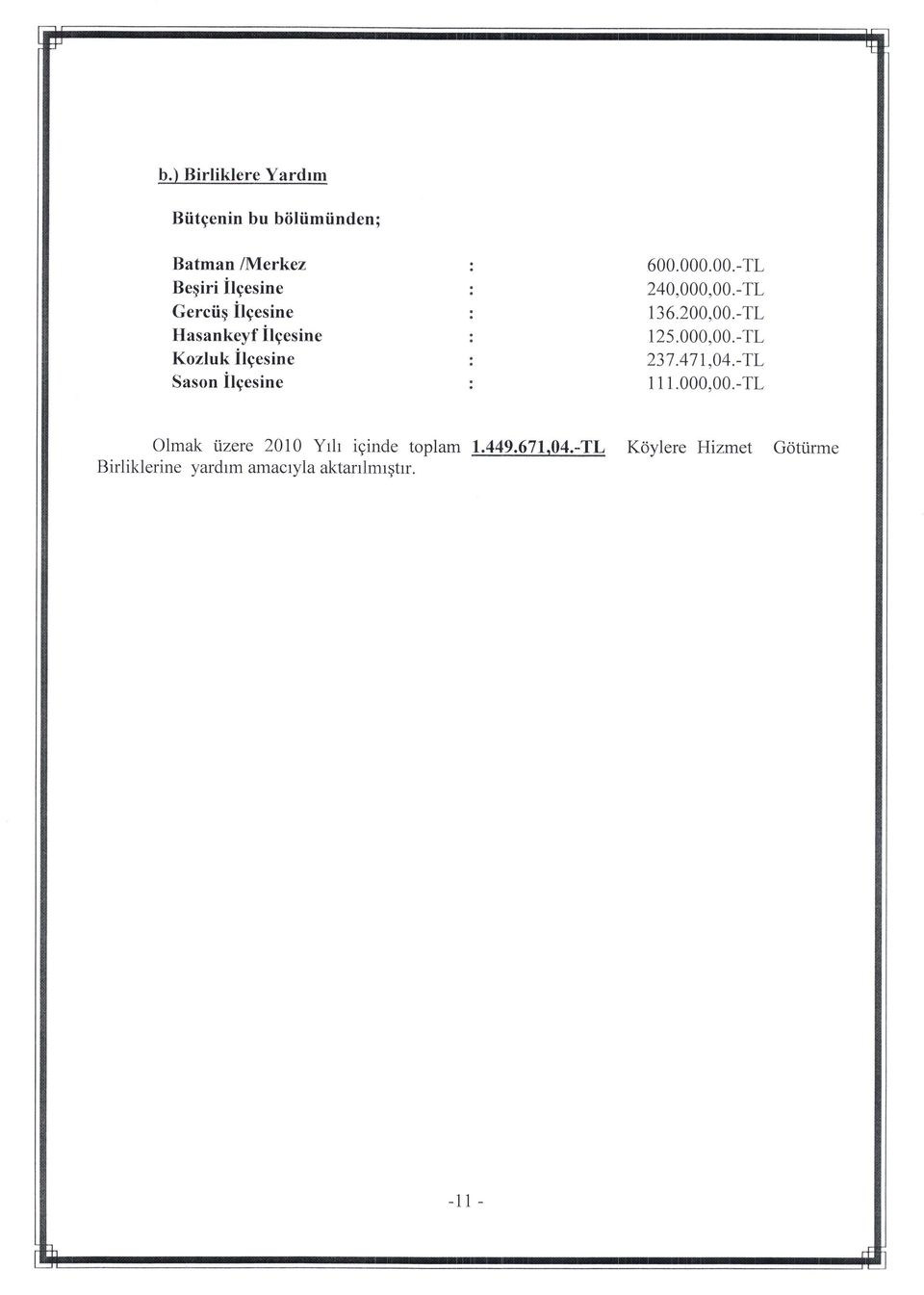 -TL 136.200,00.-TL i25.000,00.-tl 237.47r,04.-TL i 11.000,00.-TL Olmak izere 2010 Yrh iginde toplam 1.