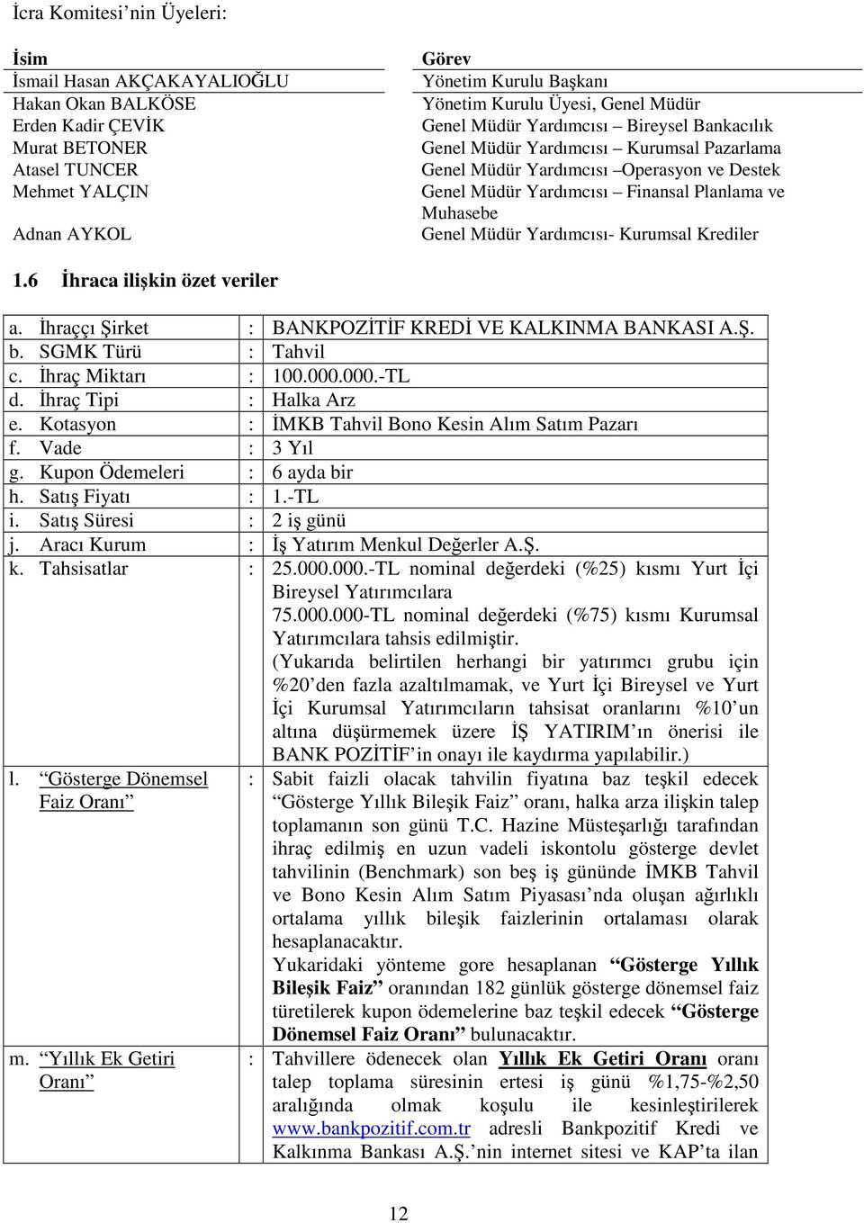 Müdür Yardımcısı- Kurumsal Krediler 1.6 hraca ilikin özet veriler a. hraççı irket : BANKPOZTF KRED VE KALKINMA BANKASI A.. b. SGMK Türü : Tahvil c. hraç Miktarı : 100.000.000.-TL d.