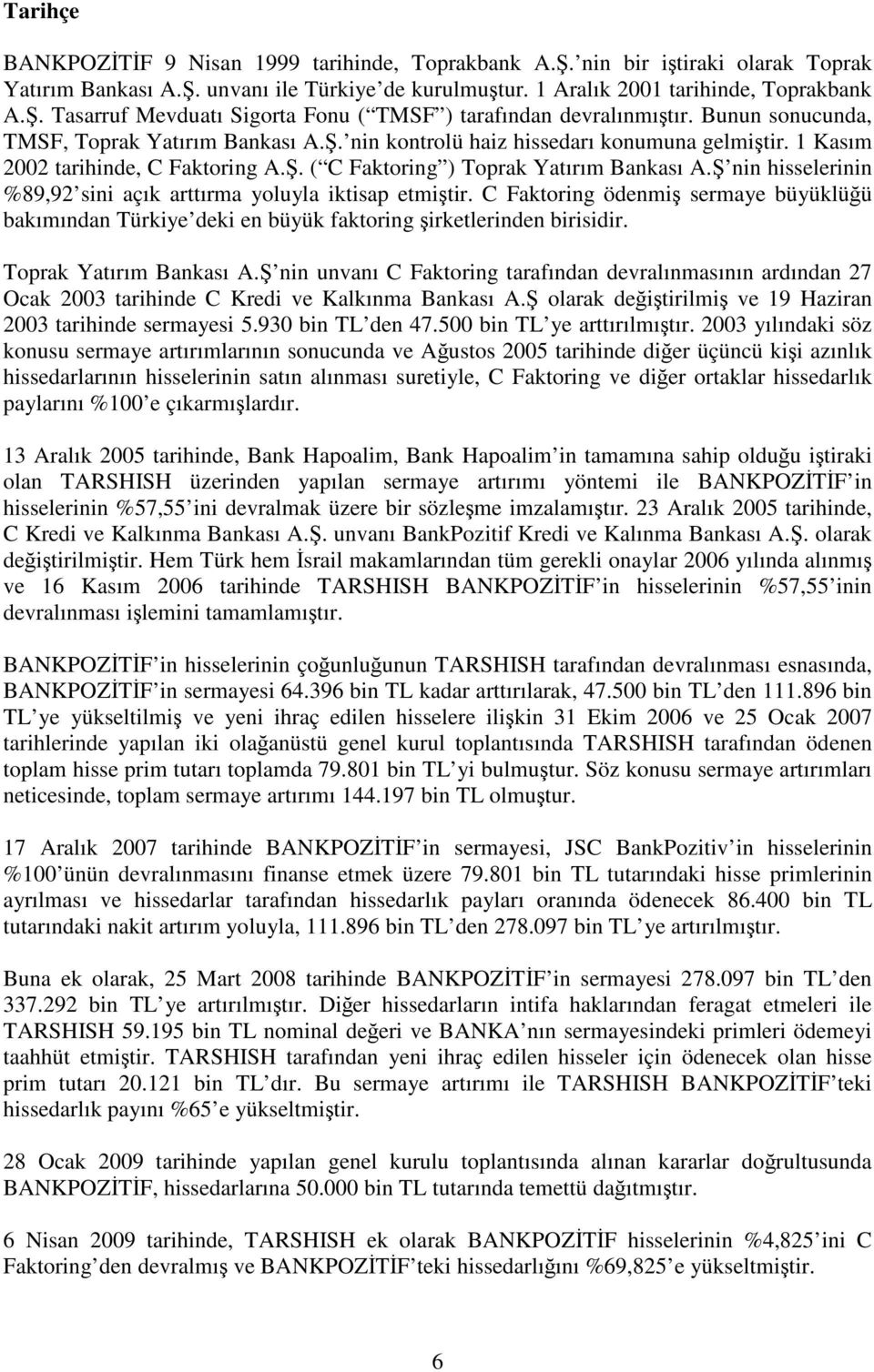 1 Kasım 2002 tarihinde, C Faktoring A.. ( C Faktoring ) Toprak Yatırım Bankası A. nin hisselerinin %89,92 sini açık arttırma yoluyla iktisap etmitir.