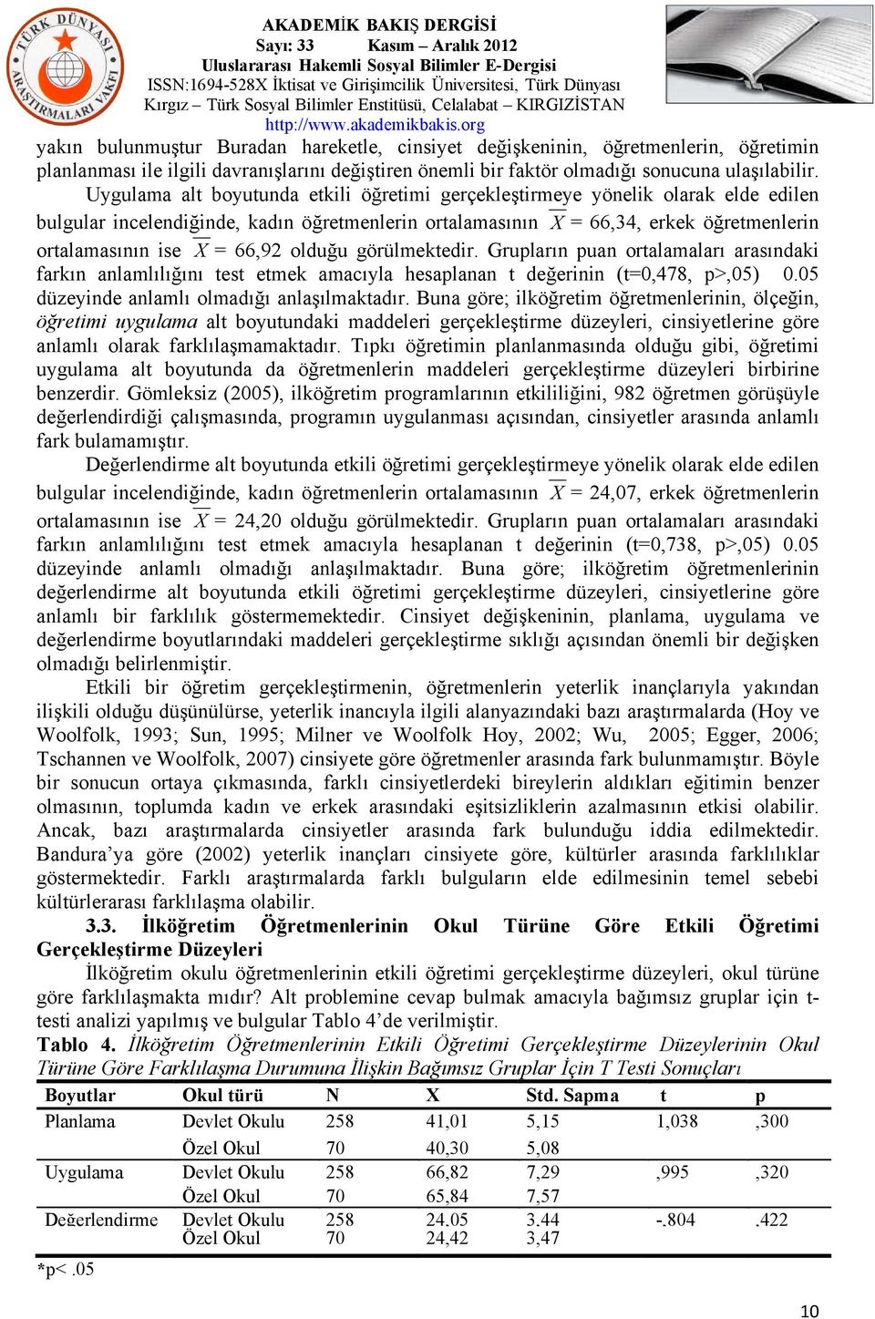 66,92 olduğu görülmektedir. Grupların puan ortalamaları arasındaki farkın anlamlılığını test etmek amacıyla hesaplanan t değerinin (t=0,478, p>,05) 0.05 düzeyinde anlamlı olmadığı anlaşılmaktadır.