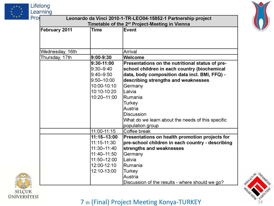 incl. BMI, FFQ) - describing strengths and weaknesses Germany Latvia Rumania Turkey Austria Discussion What do we learn about the needs of this specific population group 11:00-11:15 Coffee break