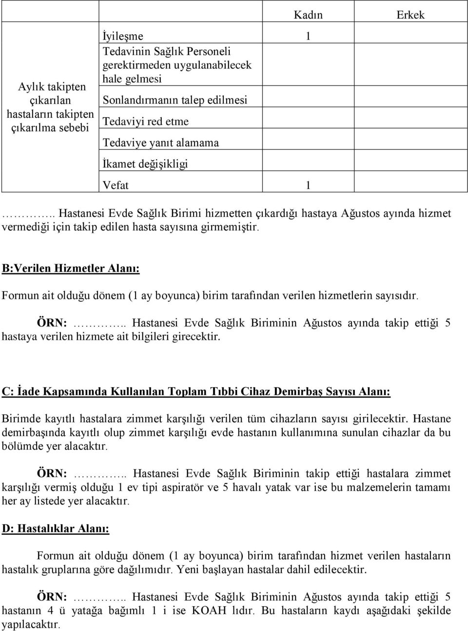 B:Verilen Hizmetler Alanı: Formun ait olduğu dönem (1 ay boyunca) birim tarafından verilen hizmetlerin sayısıdır. ÖRN:.