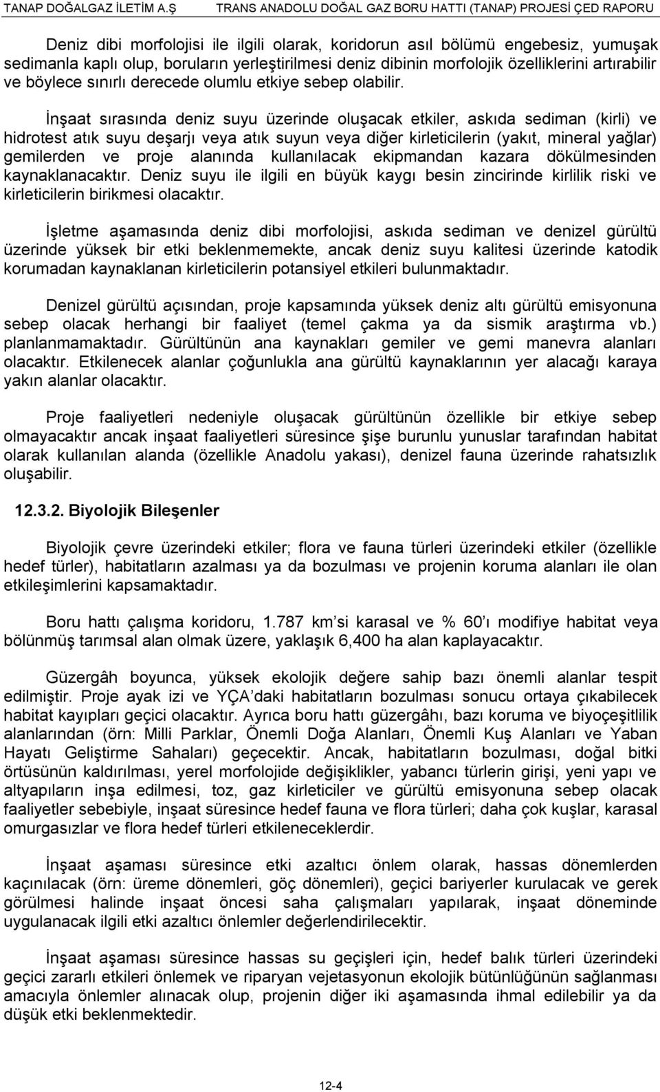 ĠnĢaat sırasında deniz suyu üzerinde oluģacak etkiler, askıda sediman (kirli) ve hidrotest atık suyu deģarjı veya atık suyun veya diğer kirleticilerin (yakıt, mineral yağlar) gemilerden ve proje