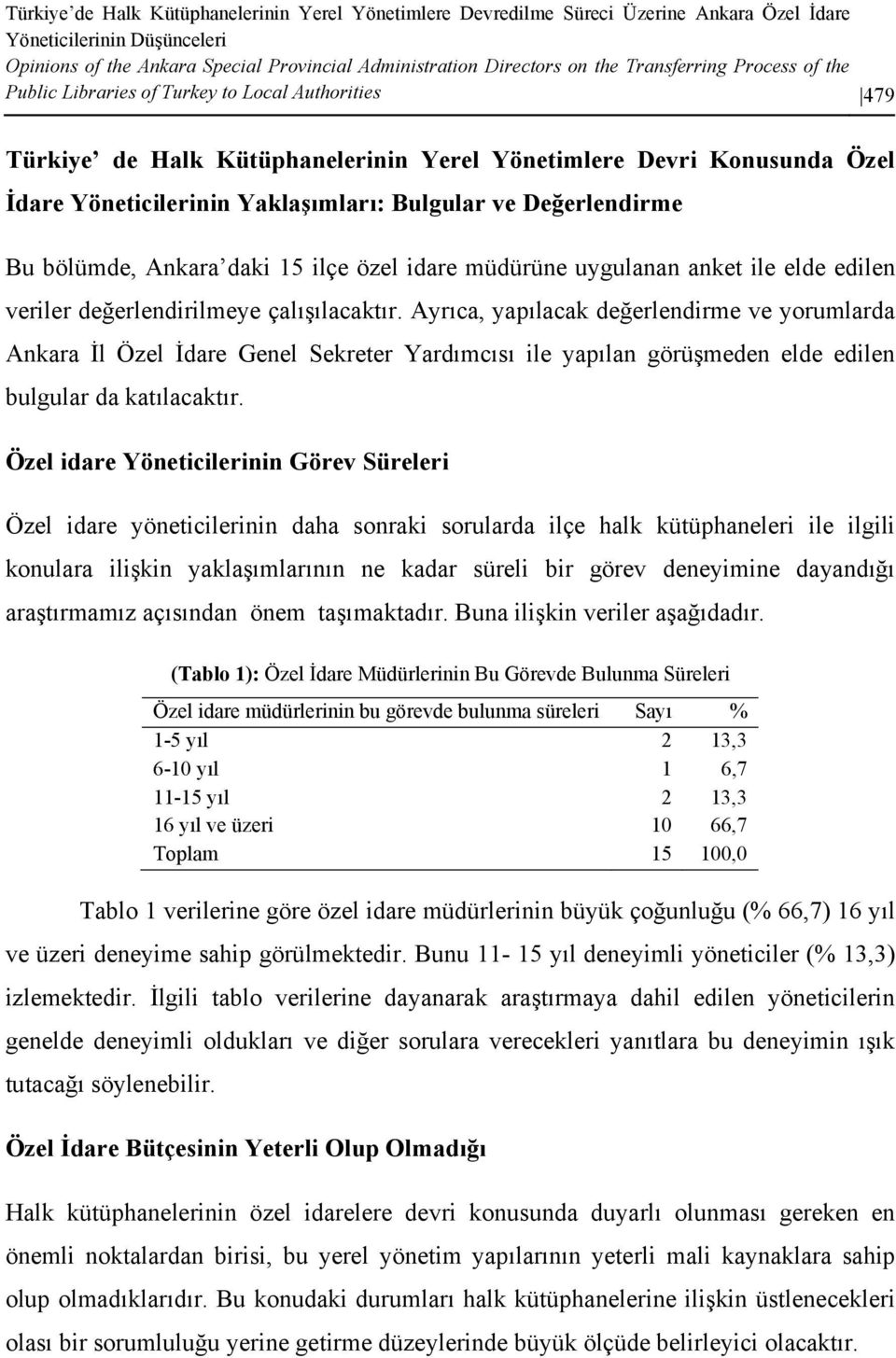 Değerlendirme Bu bölümde, Ankara daki 15 ilçe özel idare müdürüne uygulanan anket ile elde edilen veriler değerlendirilmeye çalışılacaktır.