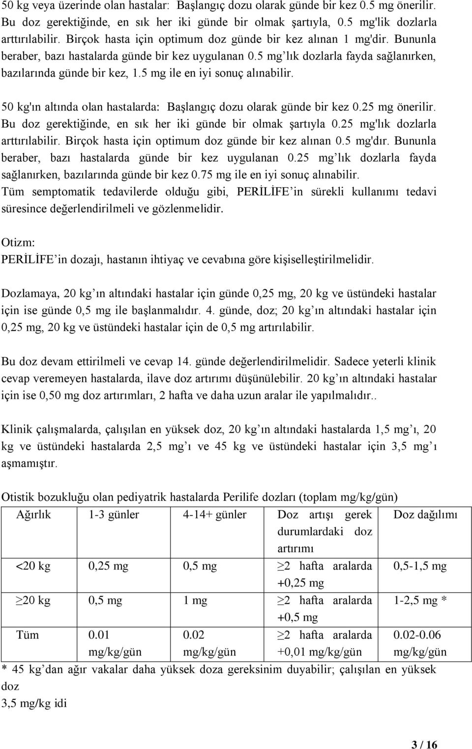 5 mg ile en iyi sonuç alınabilir. 50 kg'ın altında olan hastalarda: Başlangıç dozu olarak günde bir kez 0.25 mg önerilir. Bu doz gerektiğinde, en sık her iki günde bir olmak şartıyla 0.