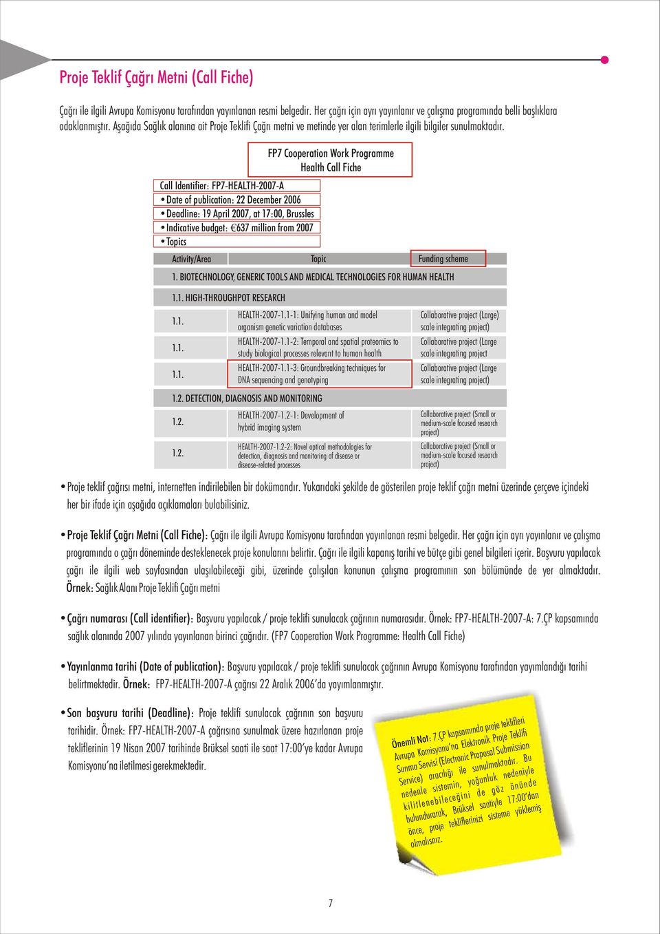 Call Identifier: FP7-HEALTH-2007-A Date of publication: 22 December 2006 Deadline: 19 April 2007, at 17:00, Brussles Indicative budget: 637 million from 2007 Topics FP7 Cooperation Work Programme