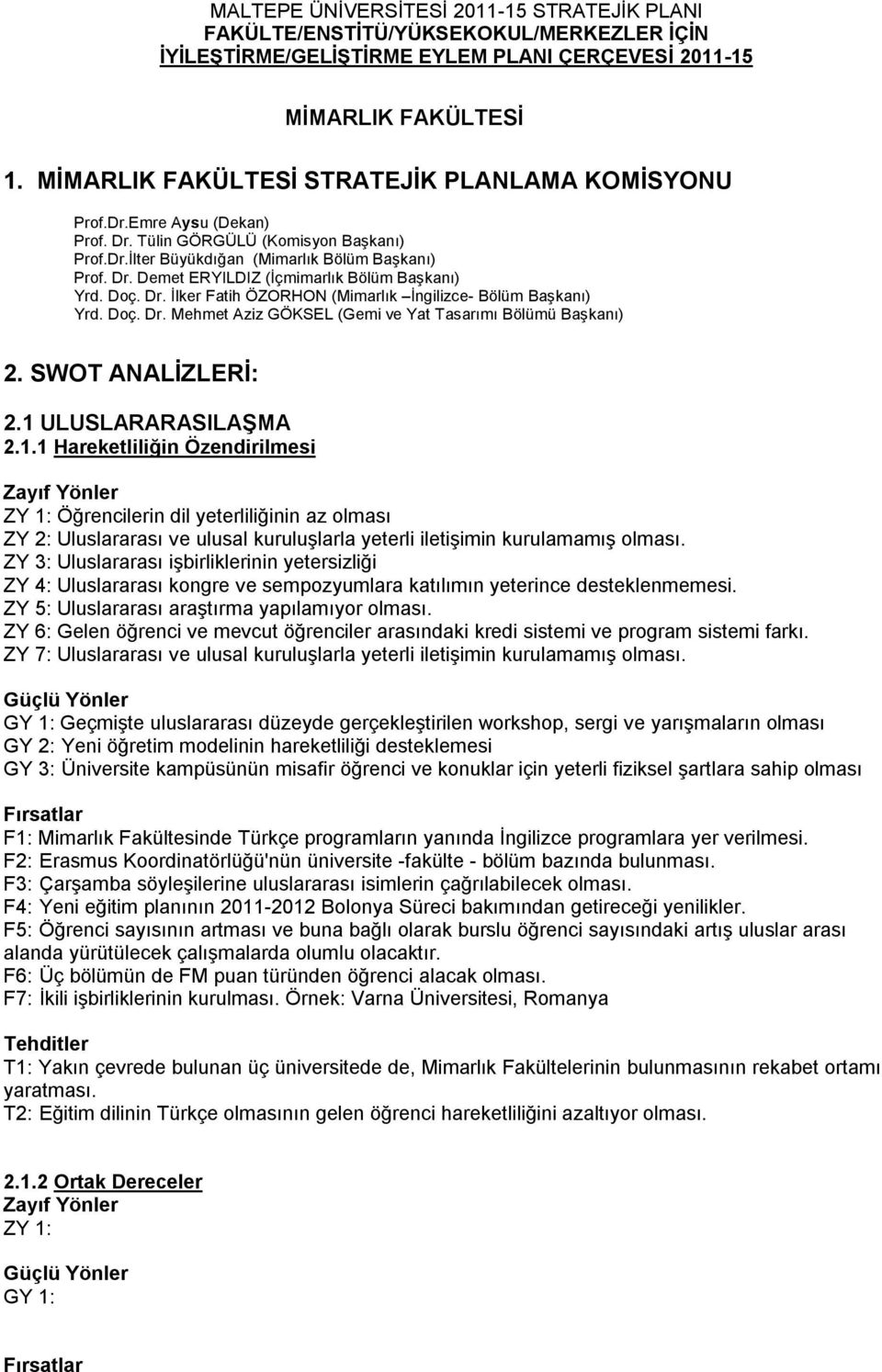 ÖZORHON (Mimarlık İngilizce- Bölüm Başkanı) Yrd Doç Dr Mehmet Aziz GÖKSEL (Gemi ve Yat Tasarımı Bölümü Başkanı) 2 SWOT ANALĠZLERĠ: 21 ULUSLARARASILAġMA 211 Hareketliliğin Özendirilmesi ZY 1: