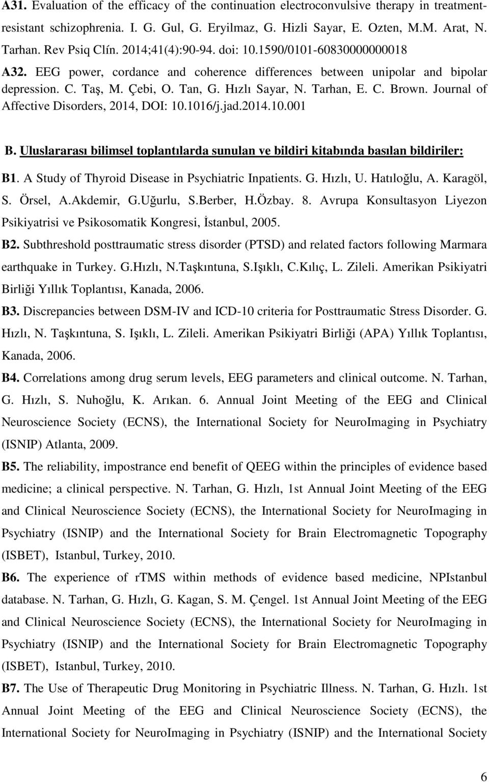 Hızlı Sayar, N. Tarhan, E. C. Brown. Journal of Affective Disorders, 2014, DOI: 10.1016/j.jad.2014.10.001 B. Uluslararası bilimsel toplantılarda sunulan ve bildiri kitabında basılan bildiriler: B1.