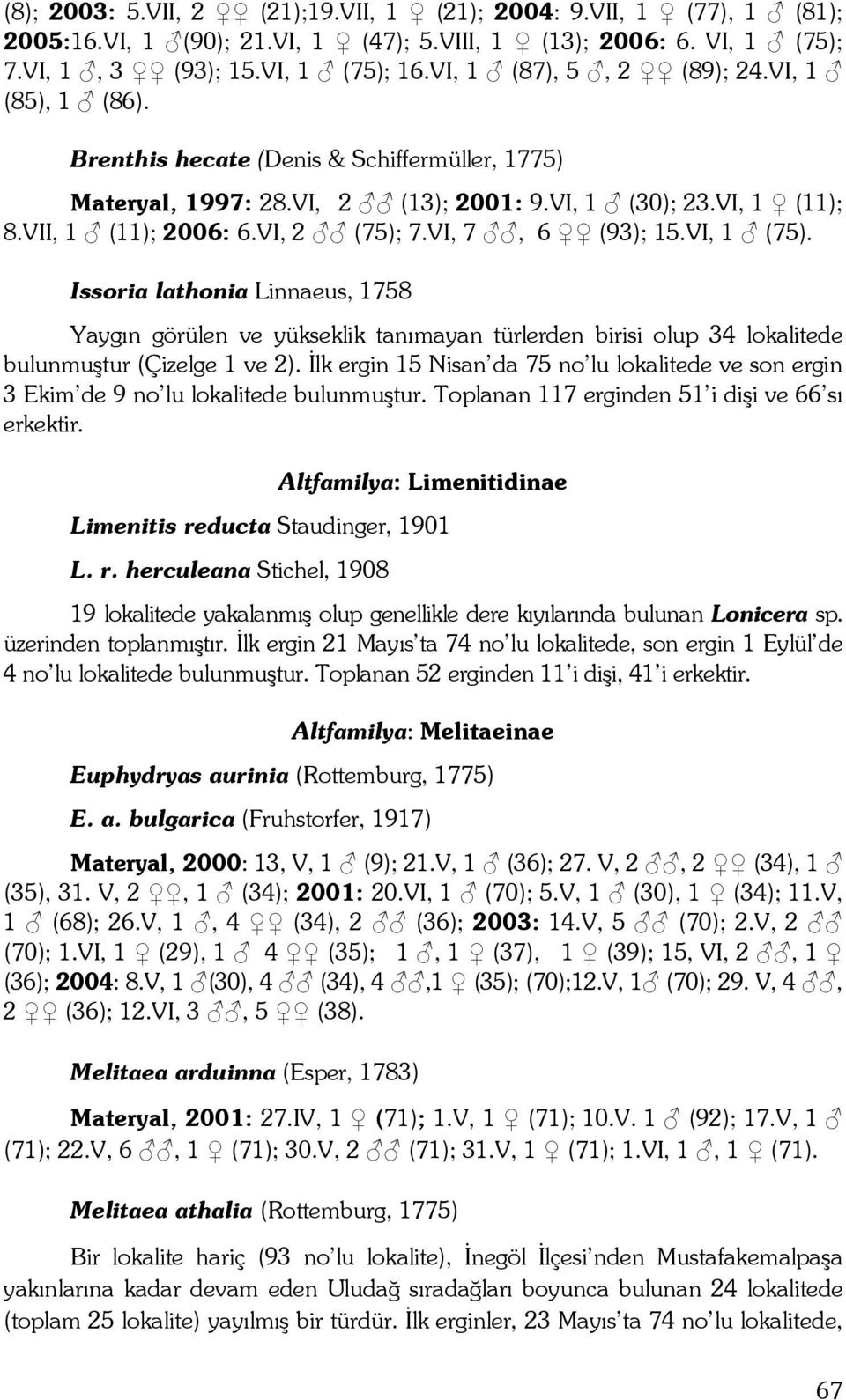 VI, 7, 6 (93); 15.VI, 1 (75). Issoria lathonia Linnaeus, 1758 Yaygın görülen ve yükseklik tanımayan türlerden birisi olup 34 lokalitede bulunmuştur (Çizelge 1 ve 2).