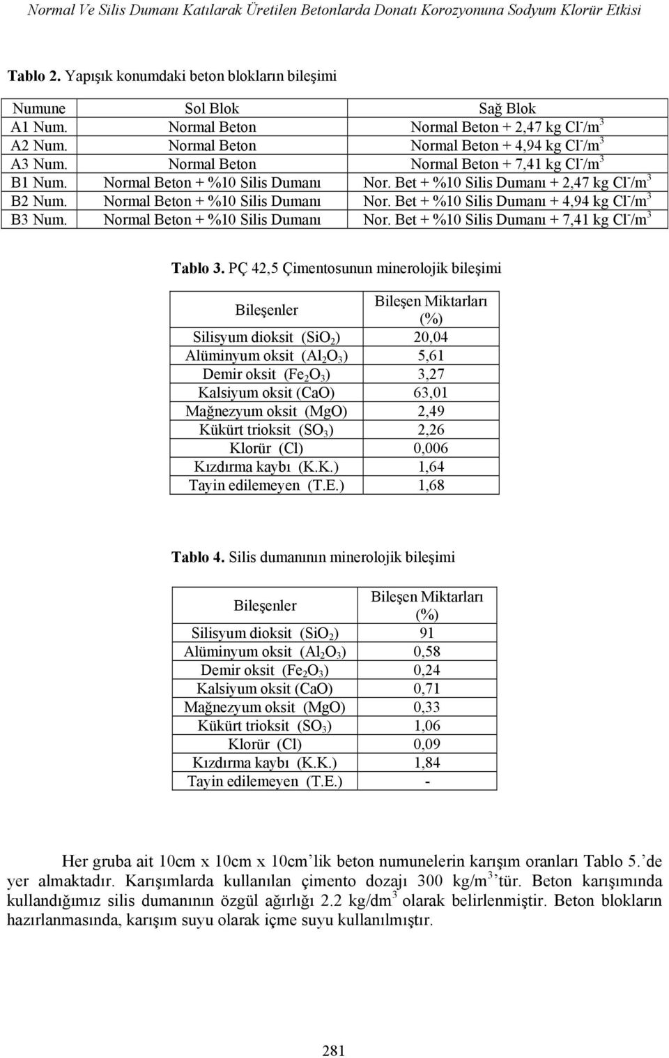 7,41 kg Cl - /m 3 B1 Normal Beton + %10 Silis Dumanı Nor. Bet + %10 Silis Dumanı + 2,47 kg Cl - /m 3 B2 Normal Beton + %10 Silis Dumanı Nor.