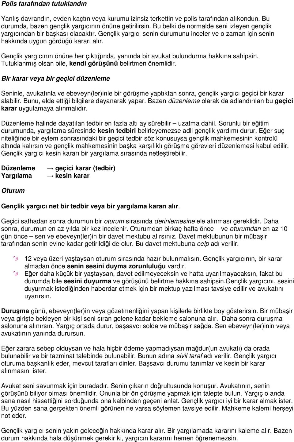 Gençlik yargıcının önüne her çıktığında, yanında bir avukat bulundurma hakkına sahipsin. Tutuklanmış olsan bile, kendi görüşünü belirtmen önemlidir.