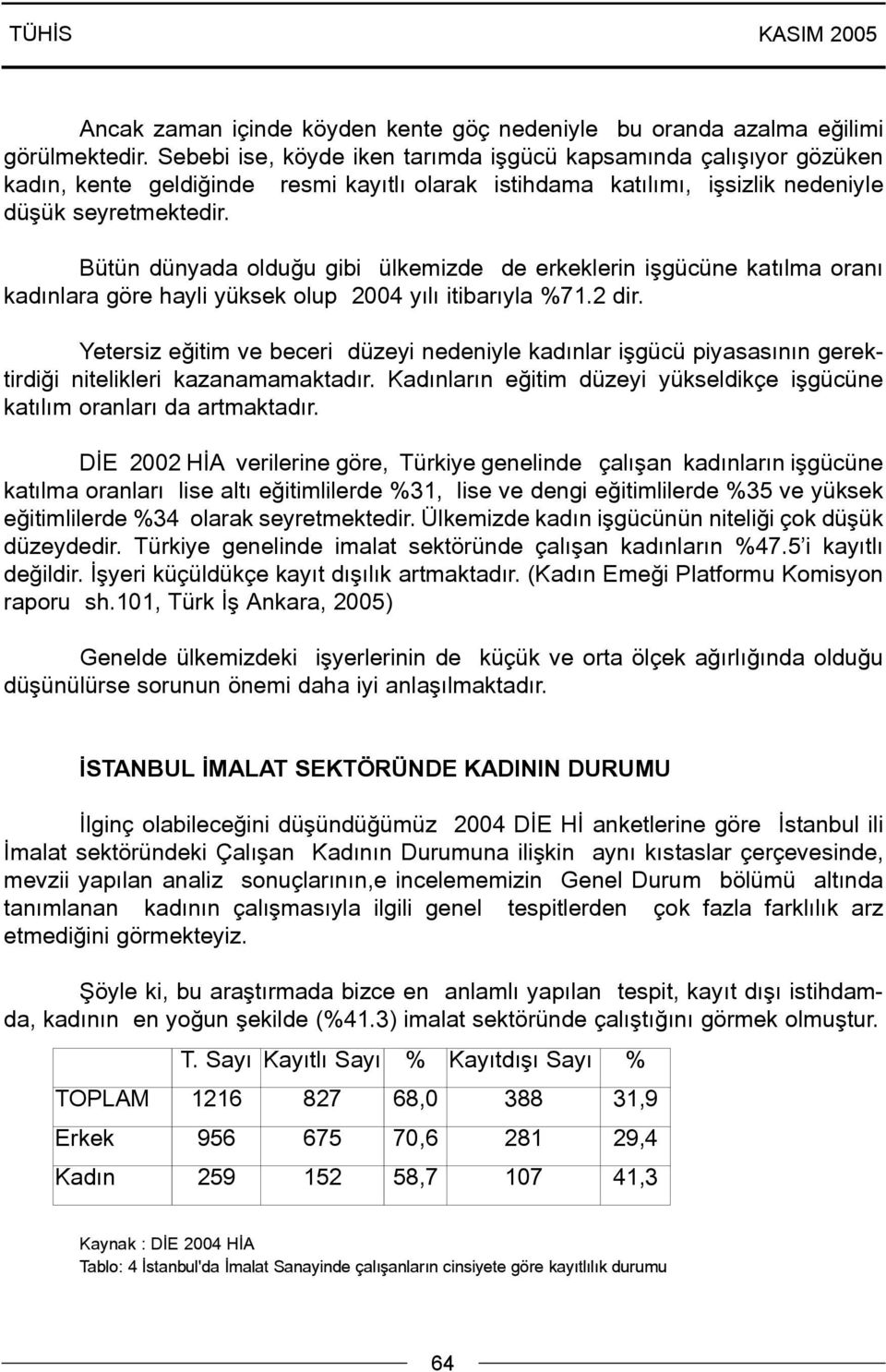 Bütün dünyada olduðu gibi ülkemizde de erkeklerin iþgücüne katýlma oraný kadýnlara göre hayli yüksek olup 2004 yýlý itibarýyla %71.2 dir.