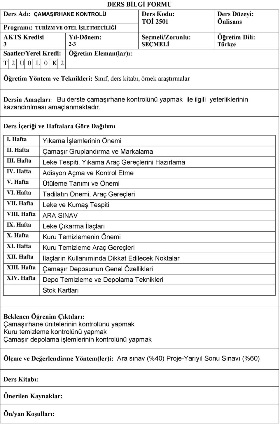 Hafta Tadilatın Önemi, Araç Gereçleri Leke ve Kumaş Tespiti ARA SINAV Leke Çıkarma İlaçları X. Hafta Kuru Temizlemenin Önemi XI.