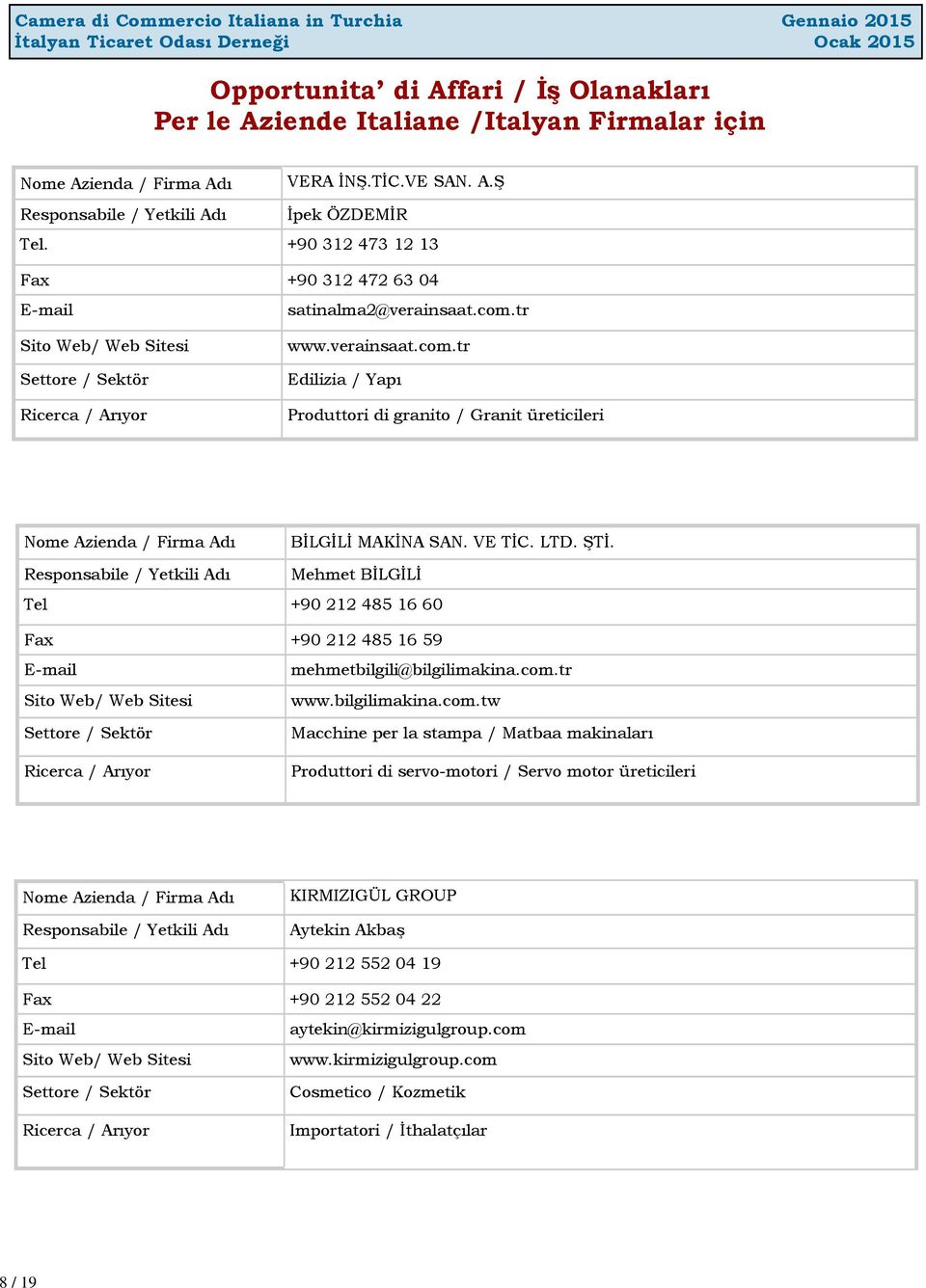 LTD. ŞTİ. Responsabile / Yetkili Adı Mehmet BİLGİLİ Tel +90 212 485 16 60 Fax +90 212 485 16 59 mehmetbilgili@bilgilimakina.com.