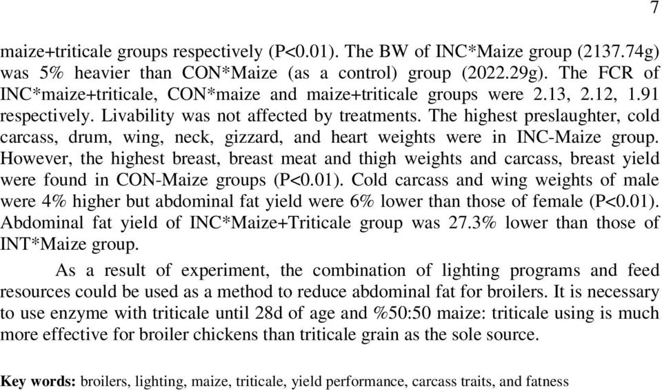 The highest preslaughter, cold carcass, drum, wing, neck, gizzard, and heart weights were in INC-Maize group.