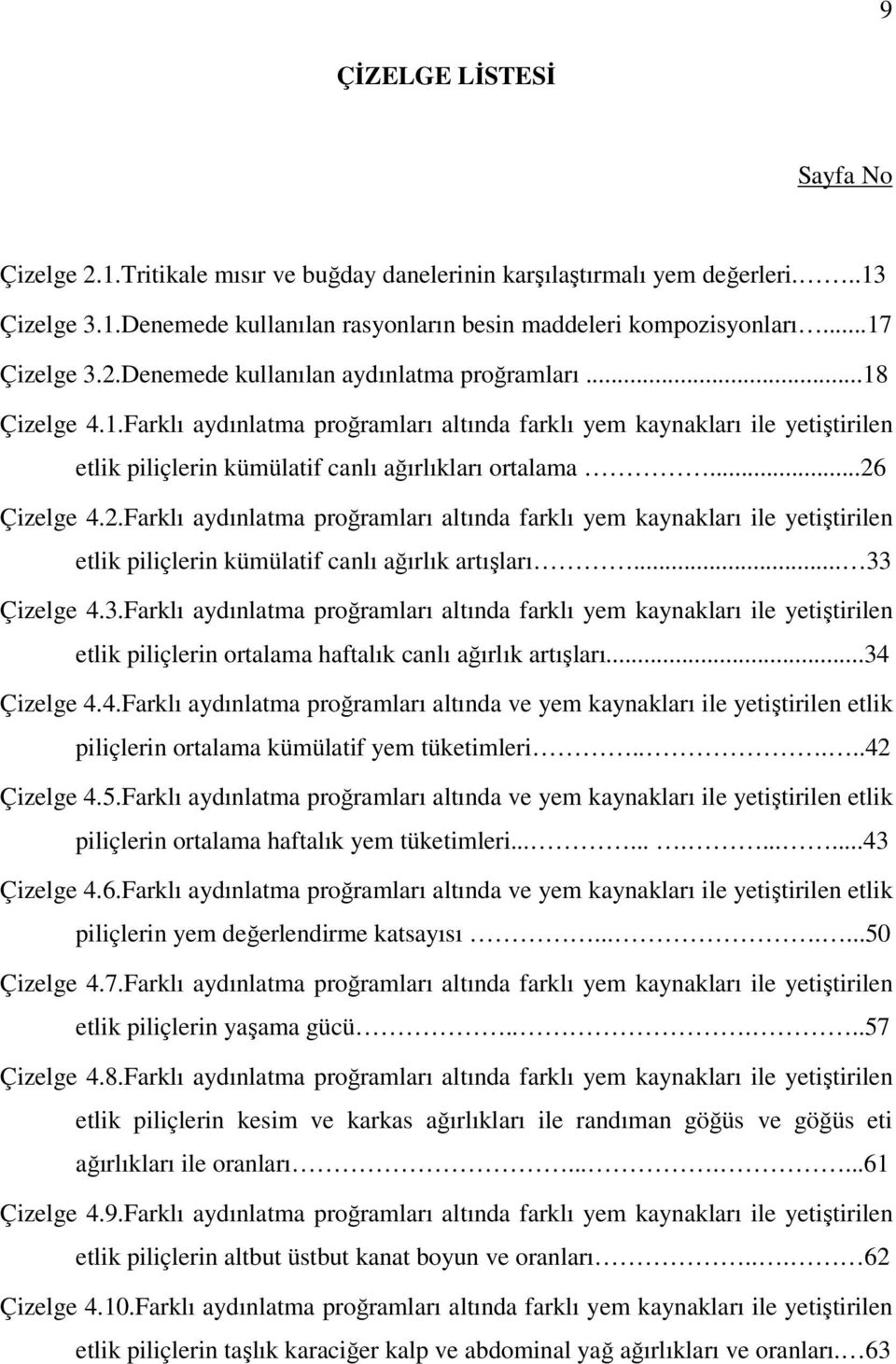 ..26 Çizelge 4.2.Farklı aydınlatma proğramları altında farklı yem kaynakları ile yetiştirilen etlik piliçlerin kümülatif canlı ağırlık artışları... 33