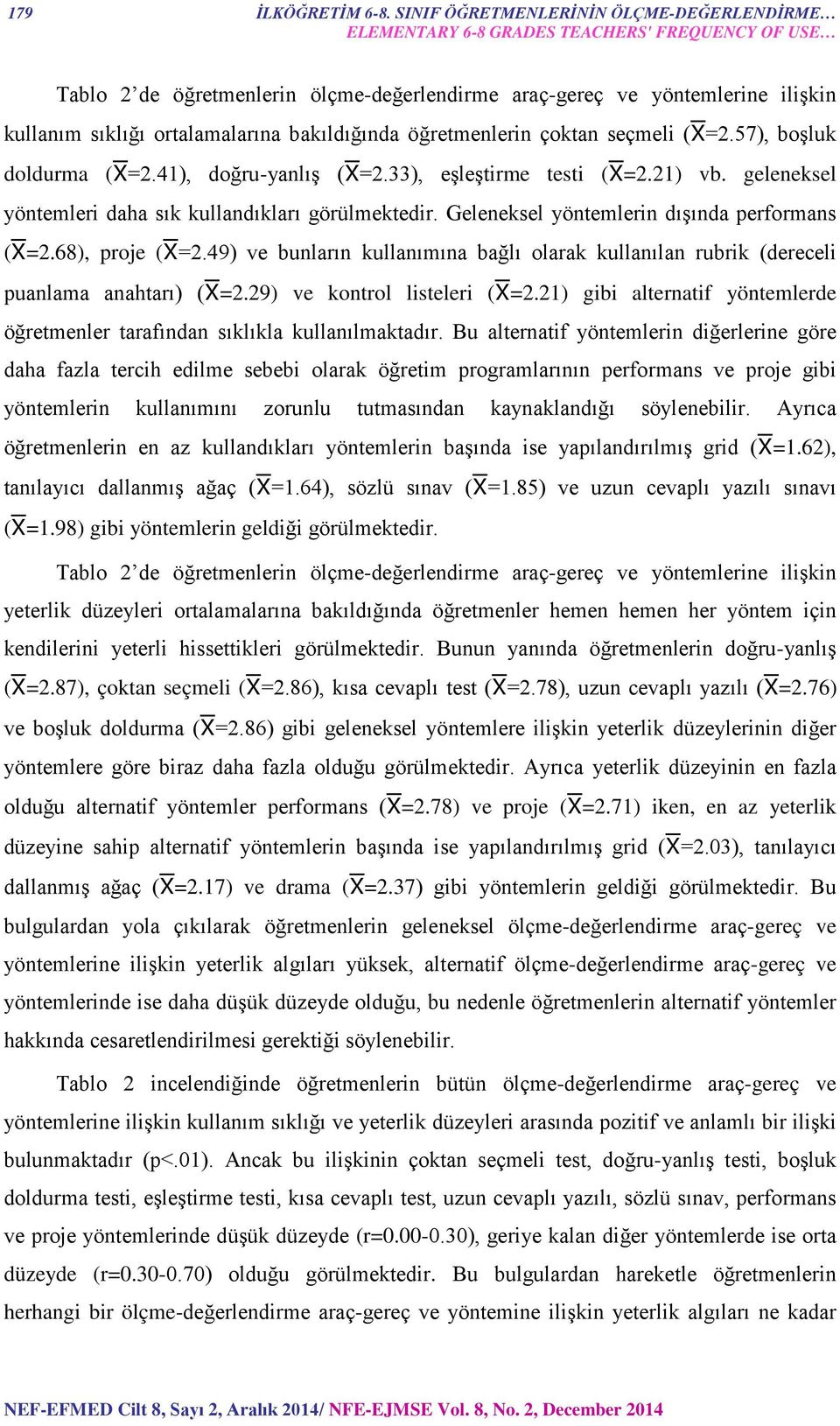 ortalamalarına bakıldığında öğretmenlerin çoktan seçmeli ( =2.57), boşluk doldurma ( =2.41), doğru-yanlış ( =2.33), eşleştirme testi ( =2.21) vb.