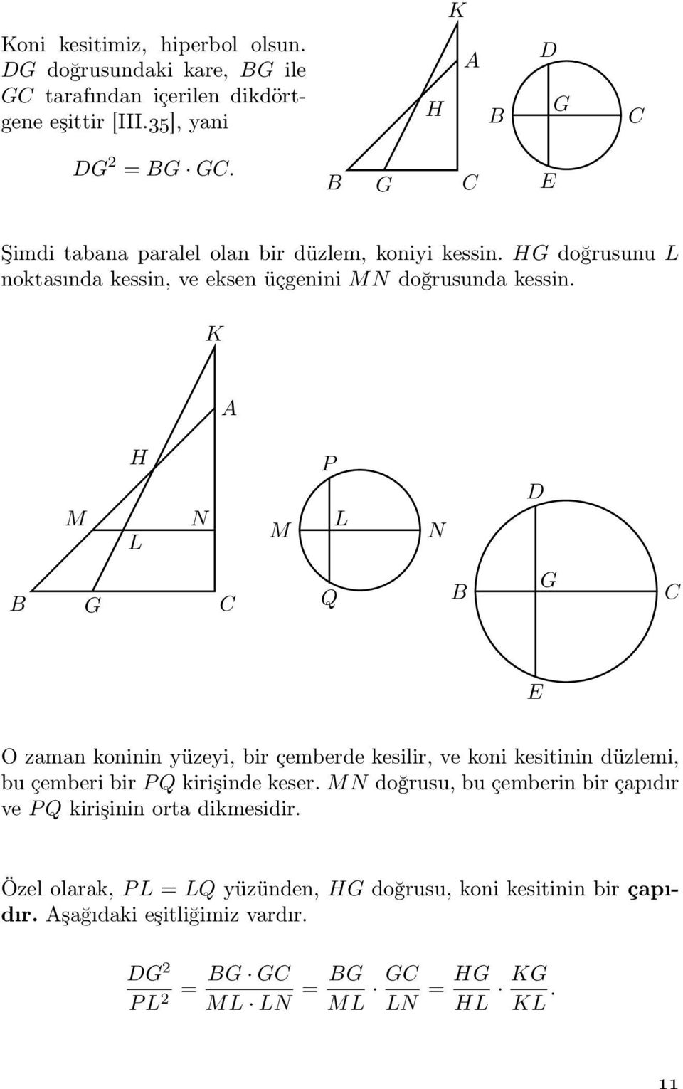 K M L N M P L N Q O zaman koninin yüzeyi, bir çemberde kesilir, ve koni kesitinin düzlemi, bu çemberi bir PQ kirişinde keser.