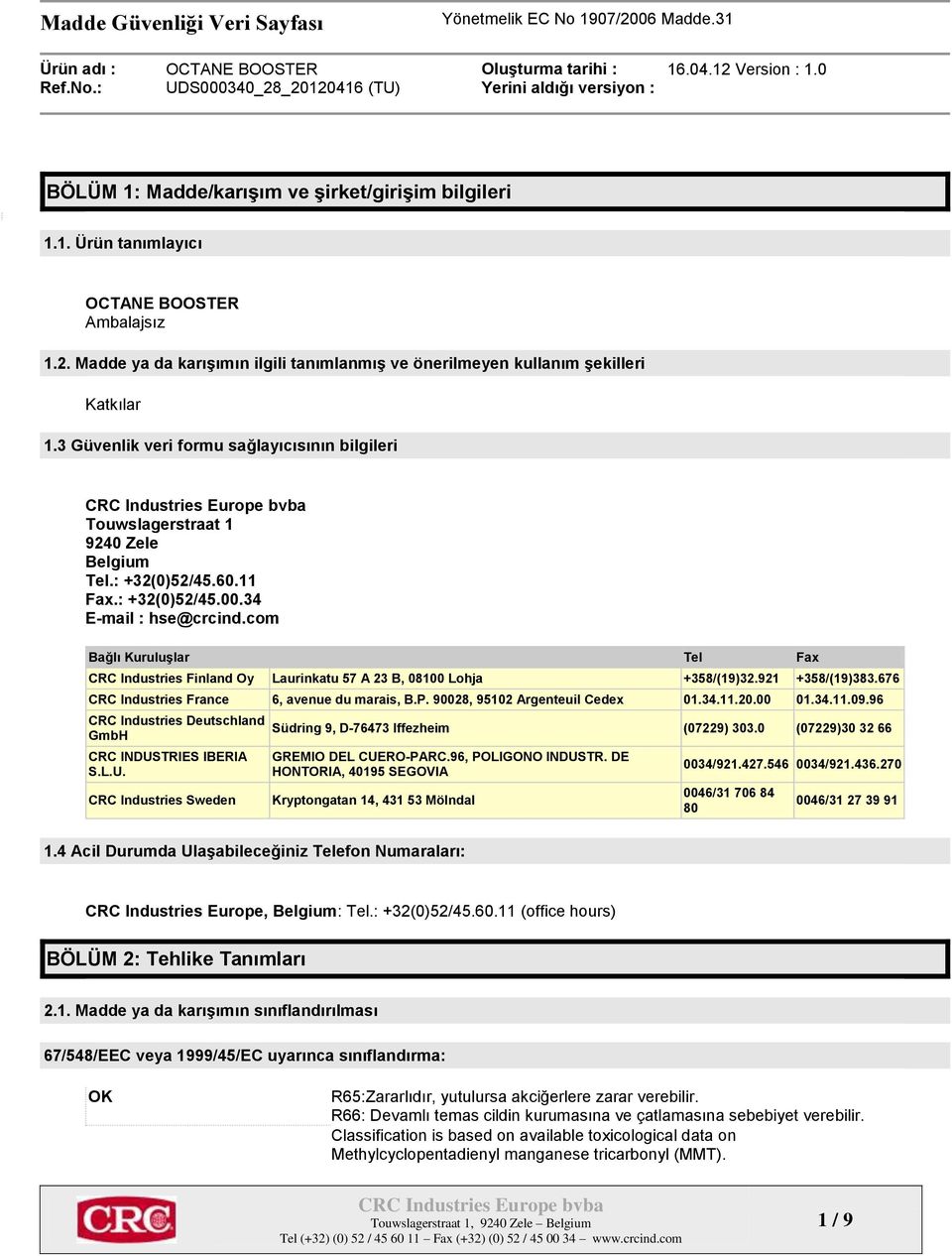 com Bağlı Kuruluşlar Tel Fax CRC Industries Finland Oy Laurinkatu 57 A 23 B, 08100 Lohja +358/(19)32.921 +358/(19)383.676 CRC Industries France 6, avenue du marais, B.P.