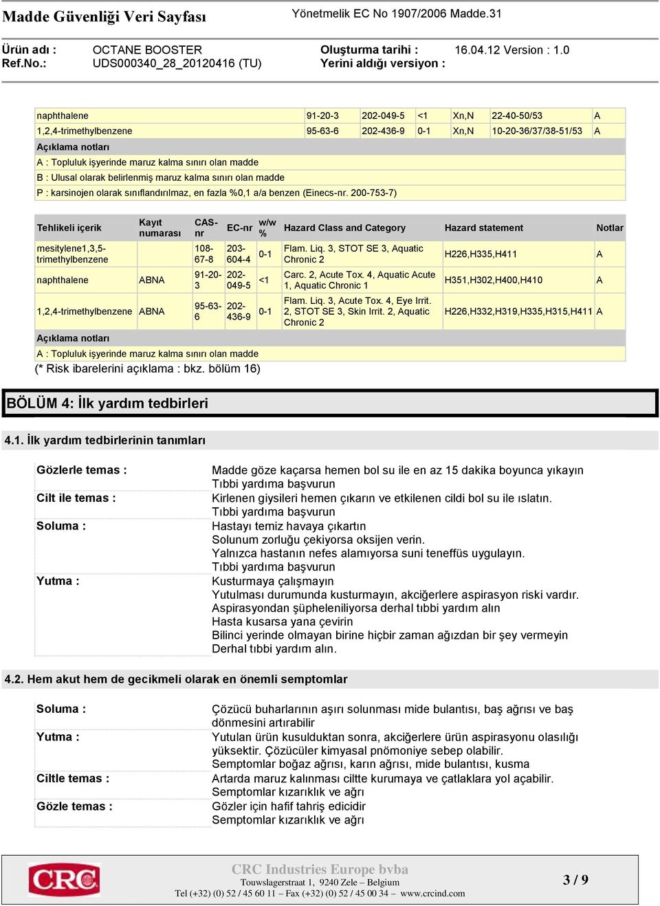 200-753-7) Tehlikeli içerik CASnr mesitylene1,3,5- trimethylbenzene naphthalene Kayıt numarası ABNA 1,2,4-trimethylbenzene ABNA Açıklama notları 108-67-8 91-20- 3 95-63- 6 EC-nr w/w % A : Topluluk