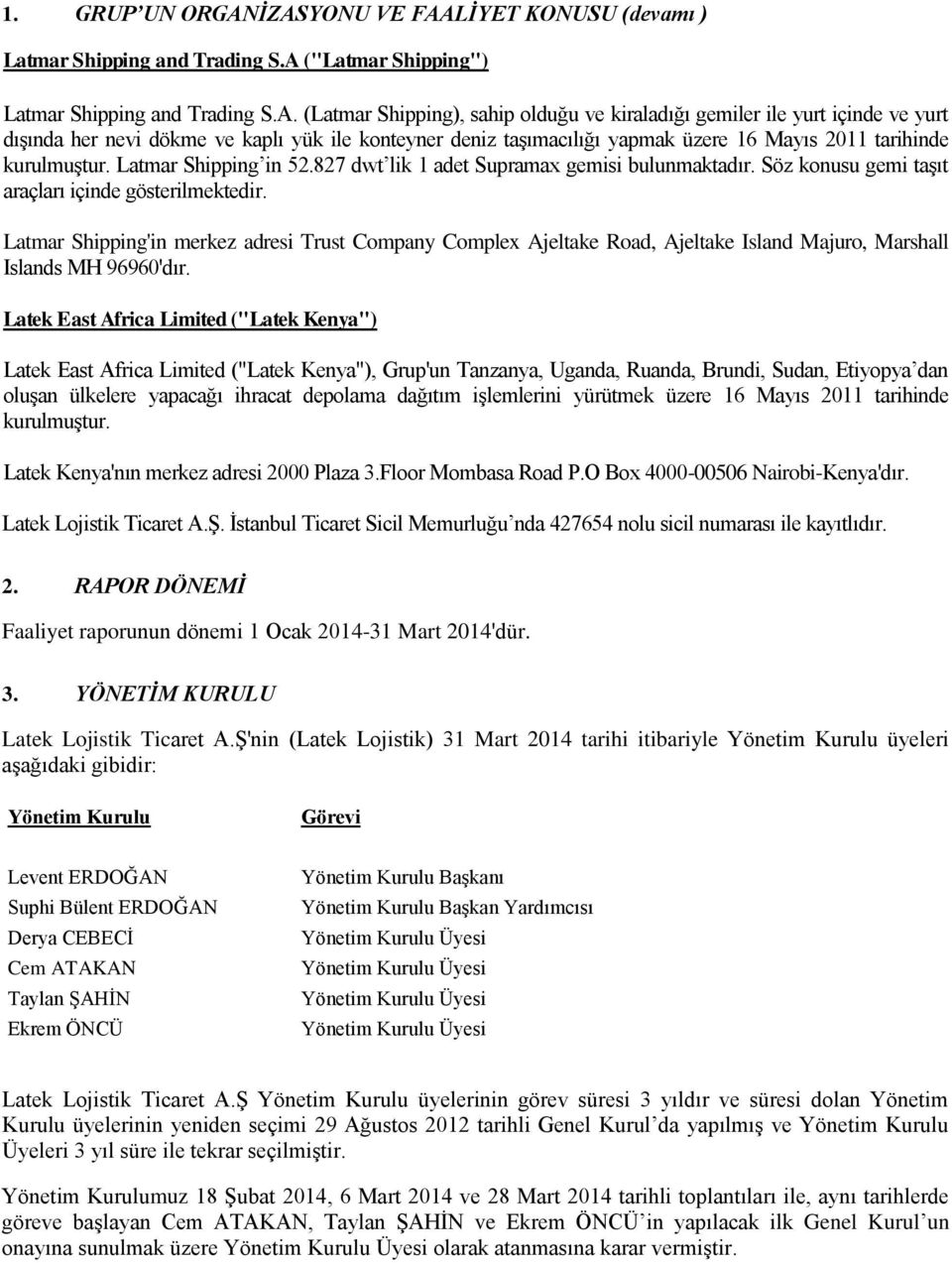 yurt dışında her nevi dökme ve kaplı yük ile konteyner deniz taşımacılığı yapmak üzere 16 Mayıs 2011 tarihinde kurulmuştur. Latmar Shipping in 52.827 dwt lik 1 adet Supramax gemisi bulunmaktadır.