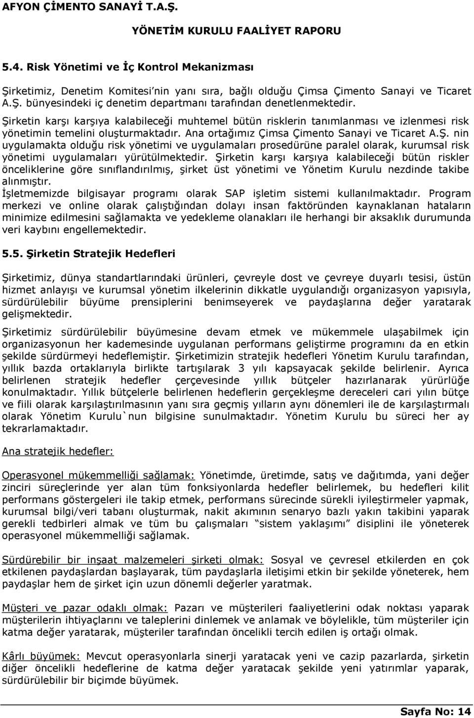 ġirketin karģı karģıya kalabileceği bütün riskler önceliklerine göre sınıflandırılmıģ, Ģirket üst yönetimi ve Yönetim Kurulu nezdinde takibe alınmıģtır.