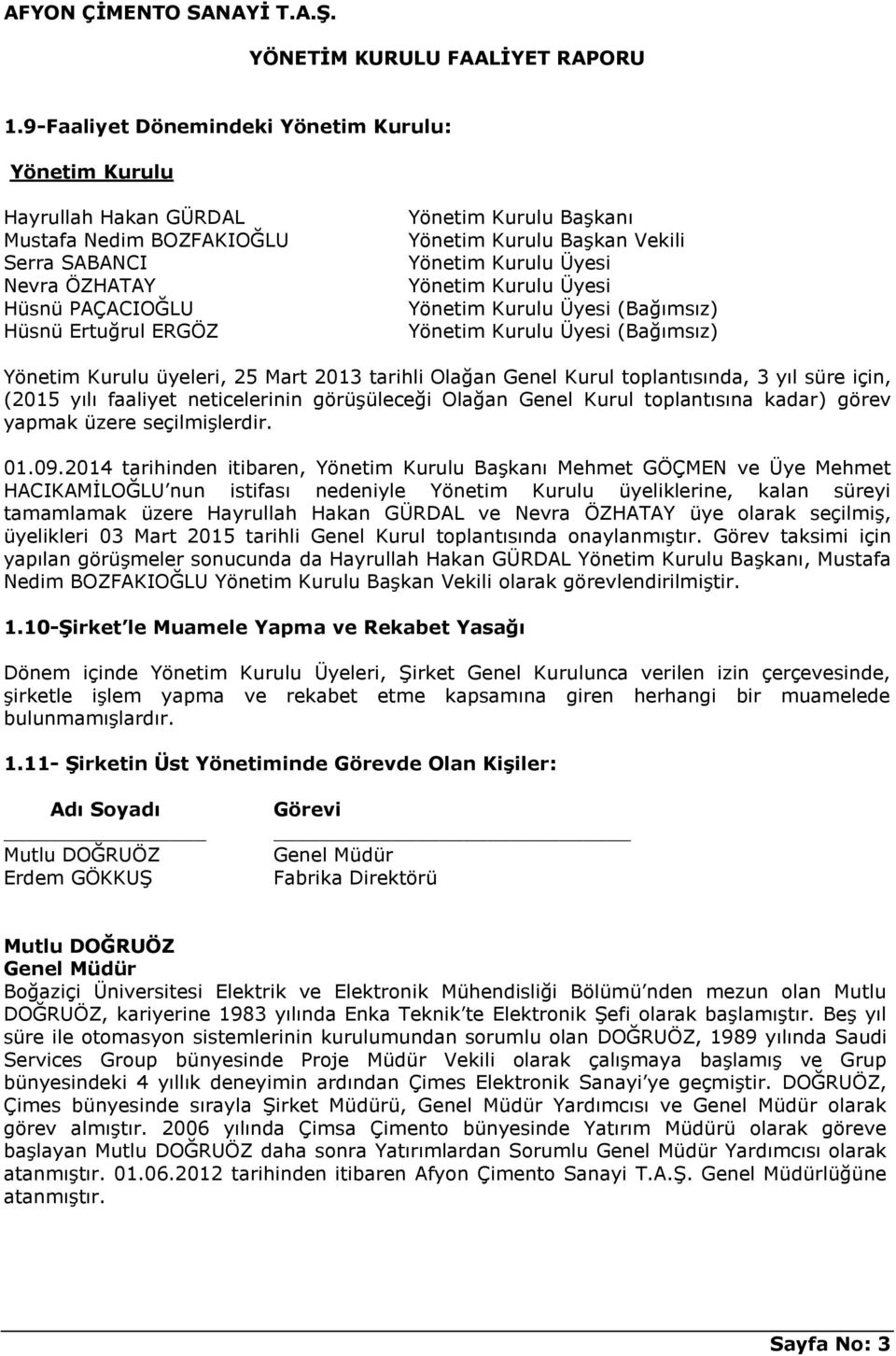 toplantısında, 3 yıl süre için, (2015 yılı faaliyet neticelerinin görüģüleceği Olağan Genel Kurul toplantısına kadar) görev yapmak üzere seçilmiģlerdir. 01.09.