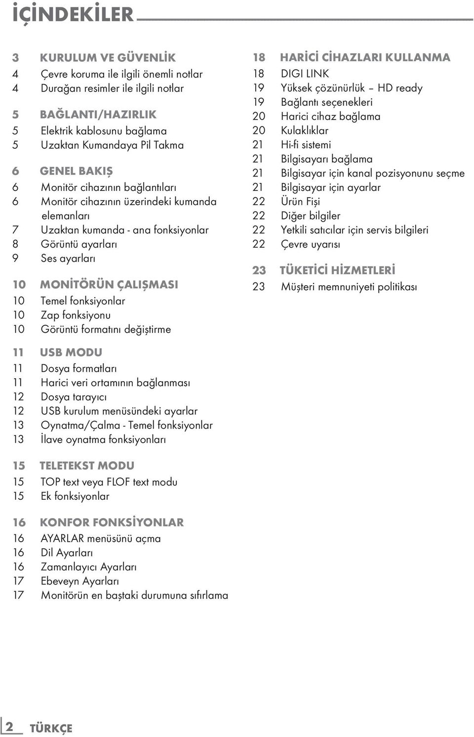 Uzaktan kumanda - ana fonksiyonlar 8 Görüntü ayarları 9 Ses ayarları 10 MONİTÖRÜN ÇALIŞMASI 10 Temel fonksiyonlar 10 Zap fonksiyonu 10 Görüntü formatını değiştirme 18 HARİCİ CİHAZLARI KULLANMA 18