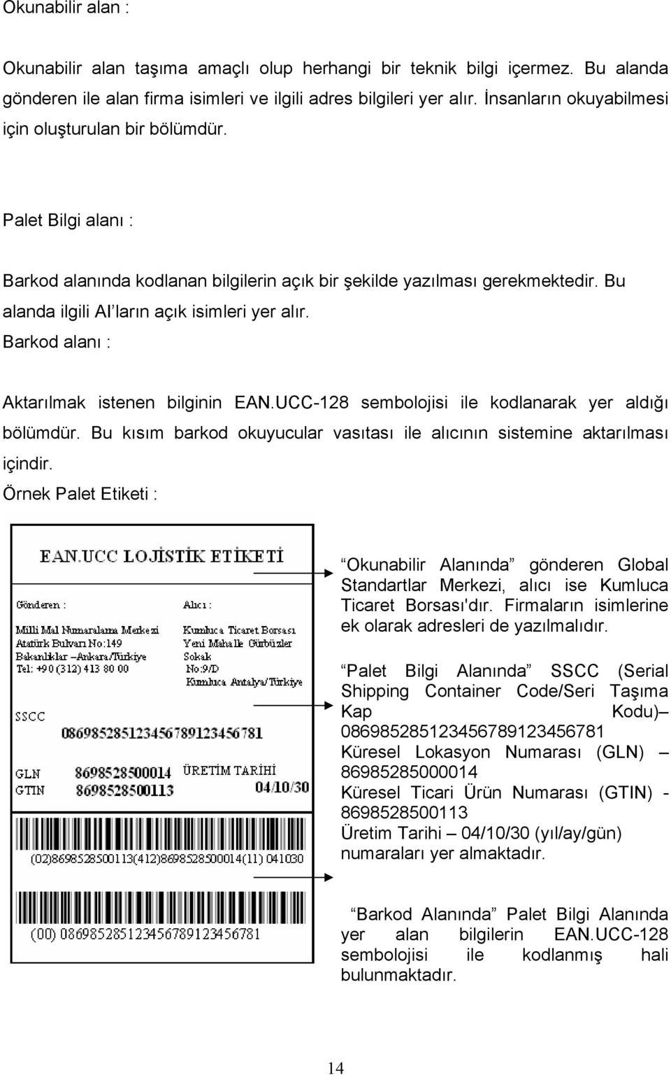 Bu alanda ilgili AI ların açık isimleri yer alır. Barkod alanı : Aktarılmak istenen bilginin EAN.UCC-128 sembolojisi ile kodlanarak yer aldığı bölümdür.