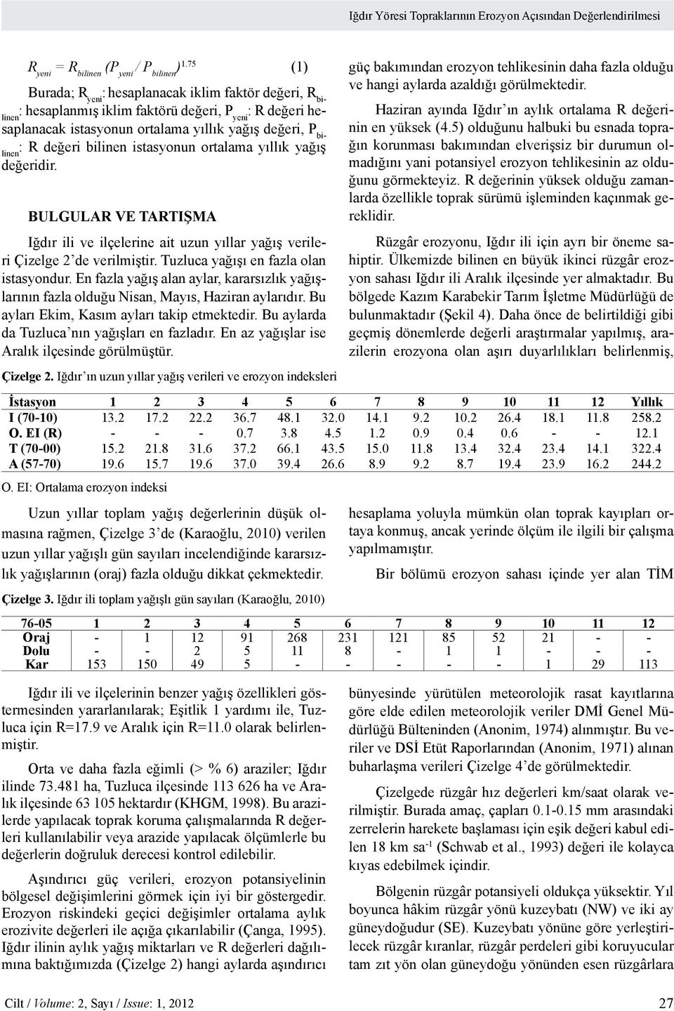 bilinen istasyonun ortalama yıllık yağış değeridir. BULGULAR VE TARTIŞMA Iğdır ili ve ilçelerine ait uzun yıllar yağış verileri Çizelge 2 de verilmiştir. Tuzluca yağışı en fazla olan istasyondur.