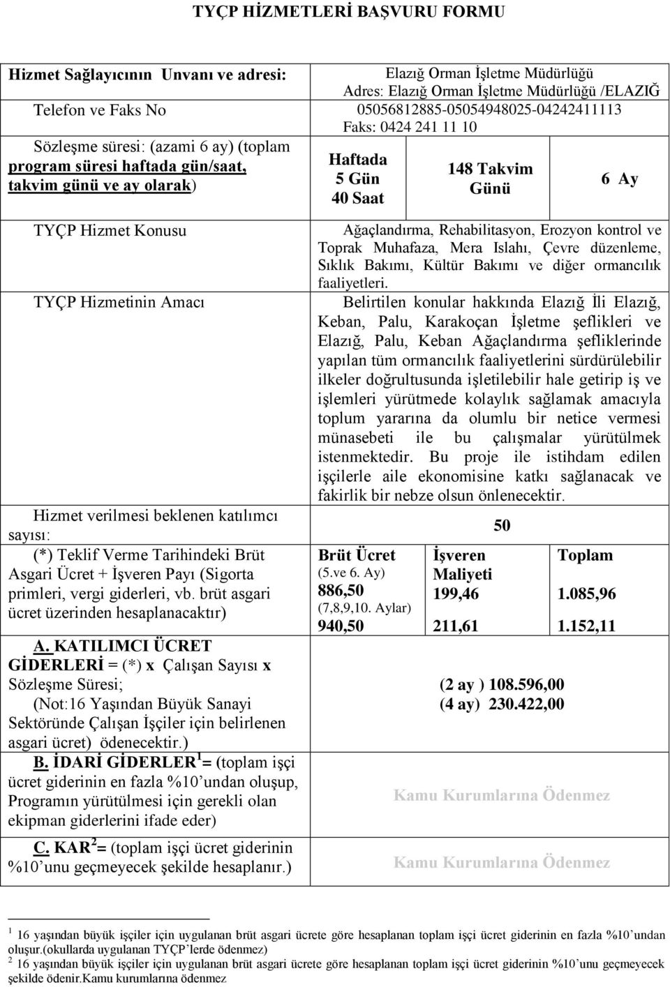 Amacı Hizmet verilmesi beklenen katılımcı sayısı: (*) Teklif Verme Tarihindeki Brüt Asgari Ücret + İşveren Payı (Sigorta primleri, vergi giderleri, vb. brüt asgari ücret üzerinden hesaplanacaktır) A.