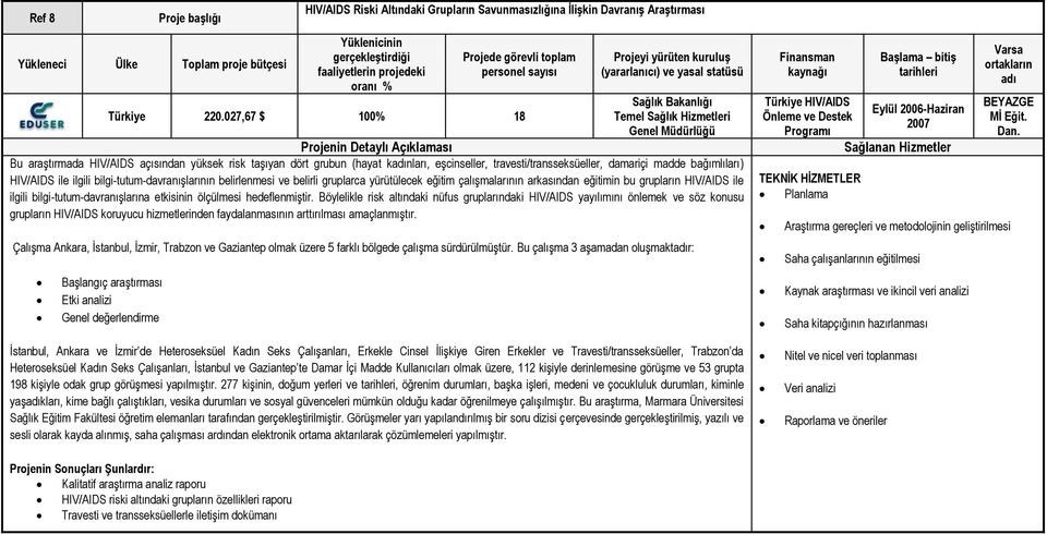 eģcinseller, travesti/transseksüeller, damariçi madde bağımlıları) HIV/AIDS ile ilgili bilgi-tutum-davranıģlarının belirlenmesi ve belirli gruplarca yürütülecek eğitim çalıģmalarının arkasından