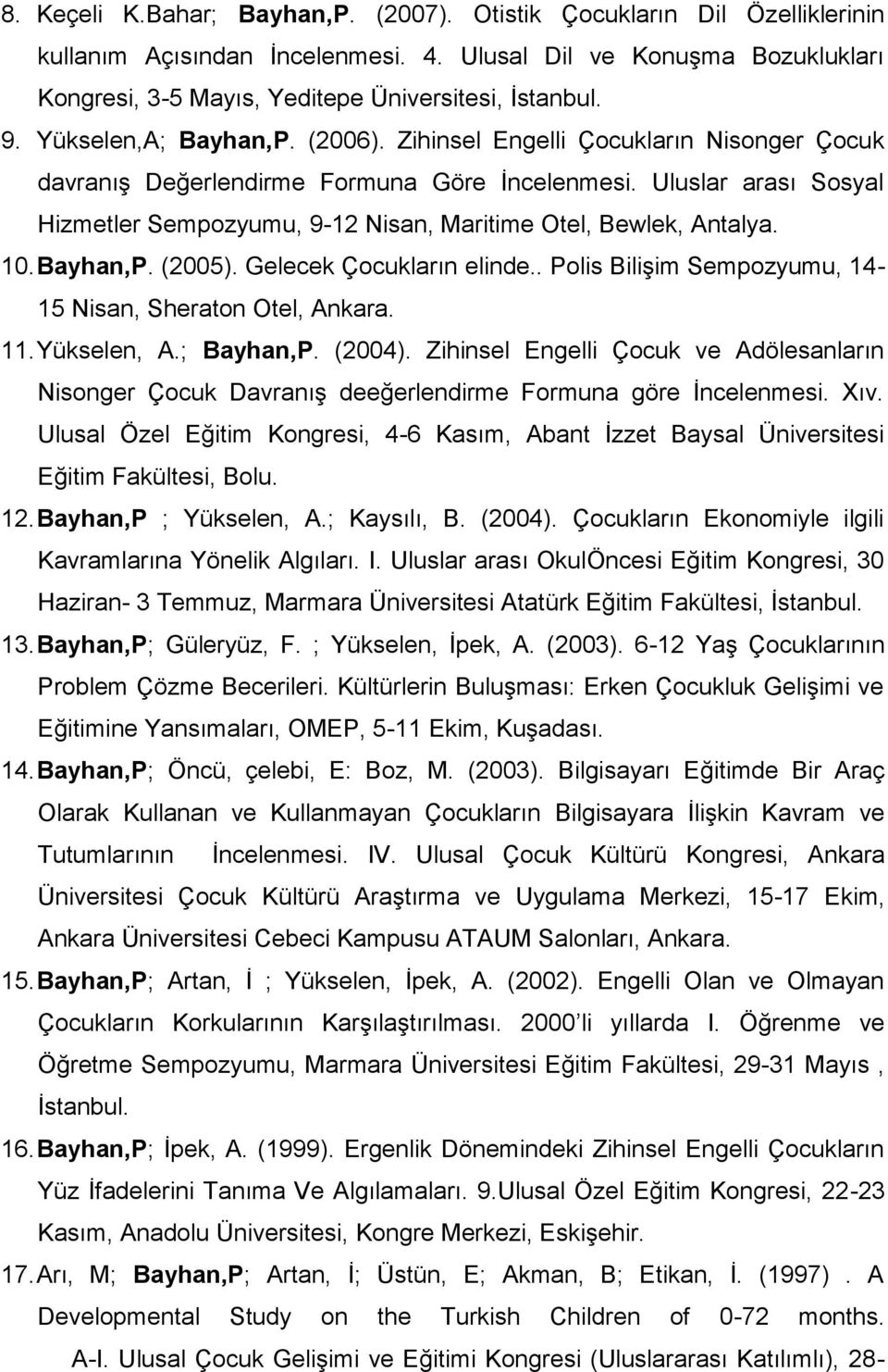 Uluslar arası Sosyal Hizmetler Sempozyumu, 9-12 Nisan, Maritime Otel, Bewlek, Antalya. 10. Bayhan,P. (2005). Gelecek Çocukların elinde.. Polis Bilişim Sempozyumu, 14-15 Nisan, Sheraton Otel, Ankara.