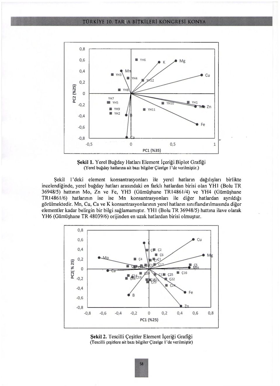 ve Fe, YH3 (Gümüşhane TR14861/4) ve YH4 (Gümüşhane TR14861/6) hatlarının ise ise Mn konsantrasyonları ile diğer hatlardan ayrıldığı görülmektedir.