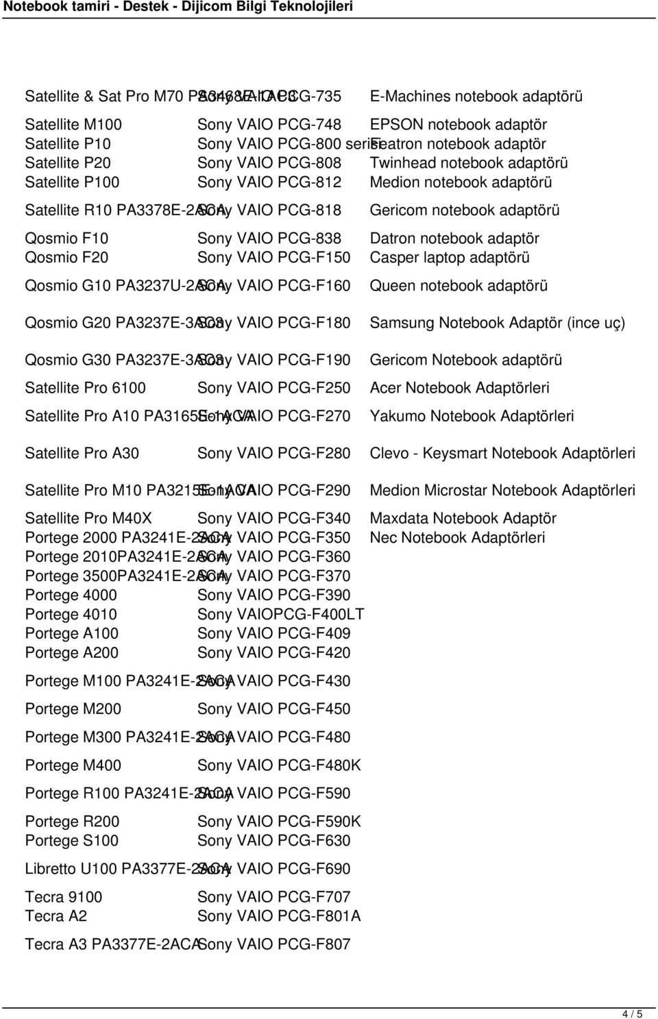 Qosmio F10 Sony VAIO PCG-838 Datron notebook adaptör Qosmio F20 Sony VAIO PCG-F150 Casper laptop adaptörü Qosmio G10 PA3237U-2ACA Sony VAIO PCG-F160 Queen notebook adaptörü Qosmio G20 PA3237E-3AC3