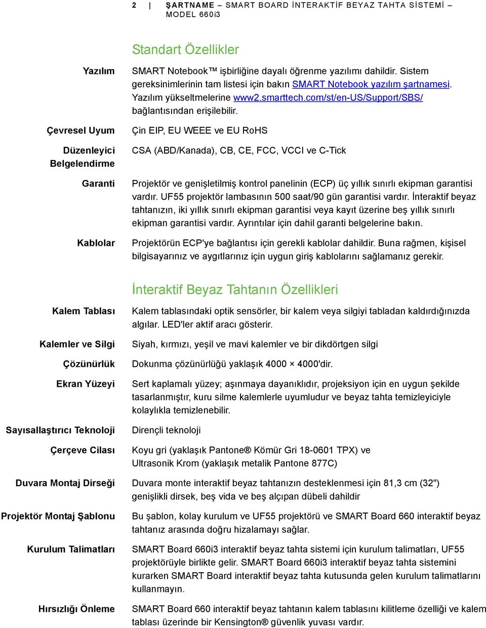 Çin EIP, EU WEEE ve EU RoHS CSA (ABD/Kanada), CB, CE, FCC, VCCI ve C-Tick Projektör ve genişletilmiş kontrol panelinin (ECP) üç yıllık sınırlı ekipman garantisi vardır.