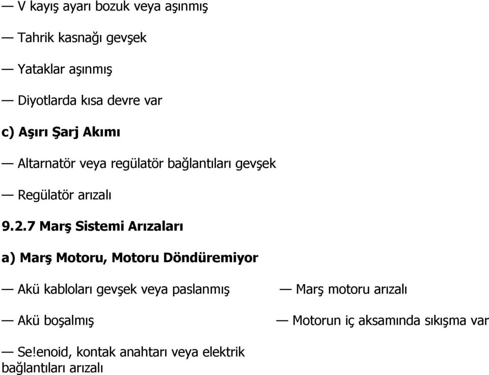 7 Marş Sistemi Arızaları a) Marş Motoru, Motoru Döndüremiyor Akü kabloları gevşek veya paslanmış Marş