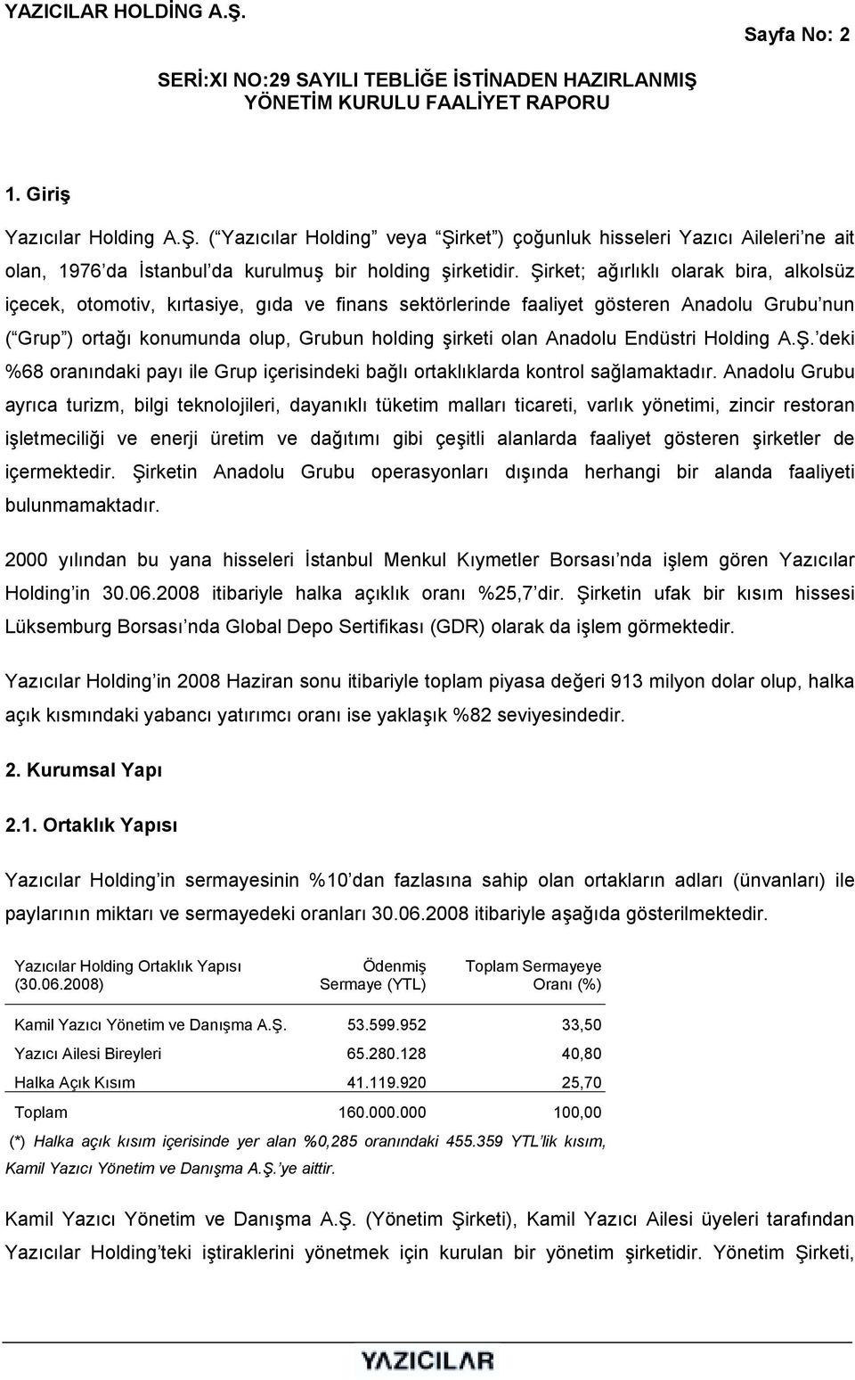 Anadolu Endüstri Holding A.Ş. deki %68 oranõndaki payõ ile Grup içerisindeki bağlõ ortaklõklarda kontrol sağlamaktadõr.