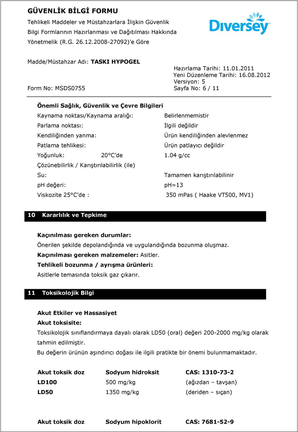 04 g/cc Çözünebilirlik / Karıştırılabilirlik (ile) Su: Tamamen karıştırılabilinir ph değeri: ph=13 Viskozite 25 C de : 350 mpas ( Haake VT500, MV1) 10 Kararlılık ve Tepkime Kaçınılması gereken