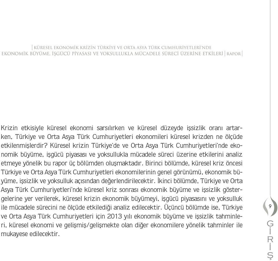 Kresel krizin Trkiye de ve Orta Asya Trk Cuhuriyetleri nde ekonoik ye, iªgc piyasası ve yoksullukla cadele sreci zerine etkilerini analiz eteye yönelik u rapor ç den oluªaktadır.