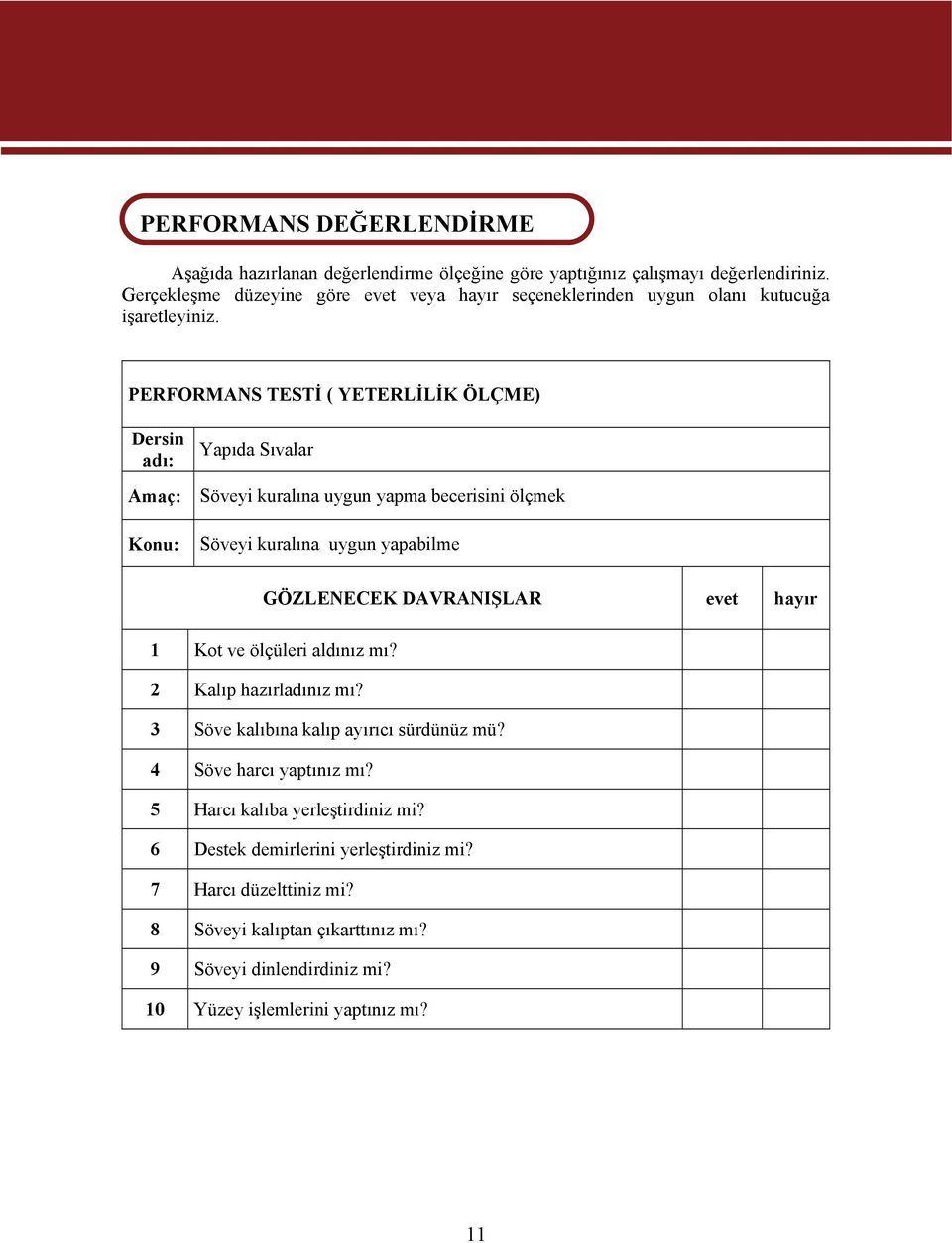 PERFORMANS TESTİ ( YETERLİLİK ÖLÇME) Dersin adı: Yapıda Sıvalar Amaç: Söveyi kuralına uygun yapma becerisini ölçmek Konu: Söveyi kuralına uygun yapabilme GÖZLENECEK DAVRANIŞLAR evet