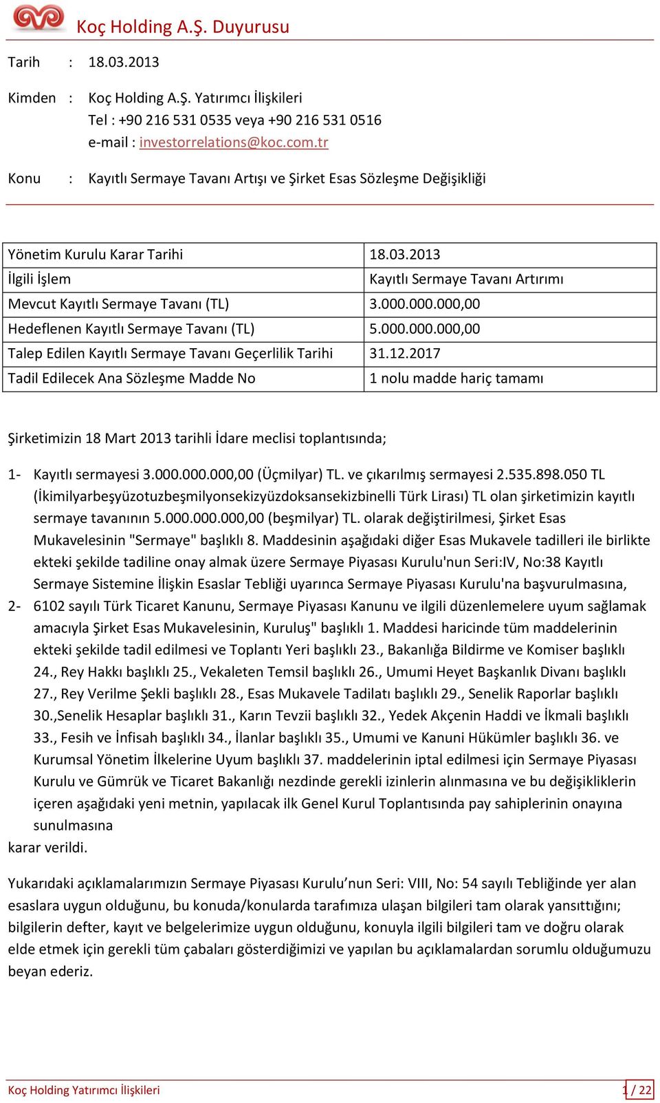 000.000.000,00 Hedeflenen Kayıtlı Sermaye Tavanı (TL) 5.000.000.000,00 Talep Edilen Kayıtlı Sermaye Tavanı Geçerlilik Tarihi 31.12.