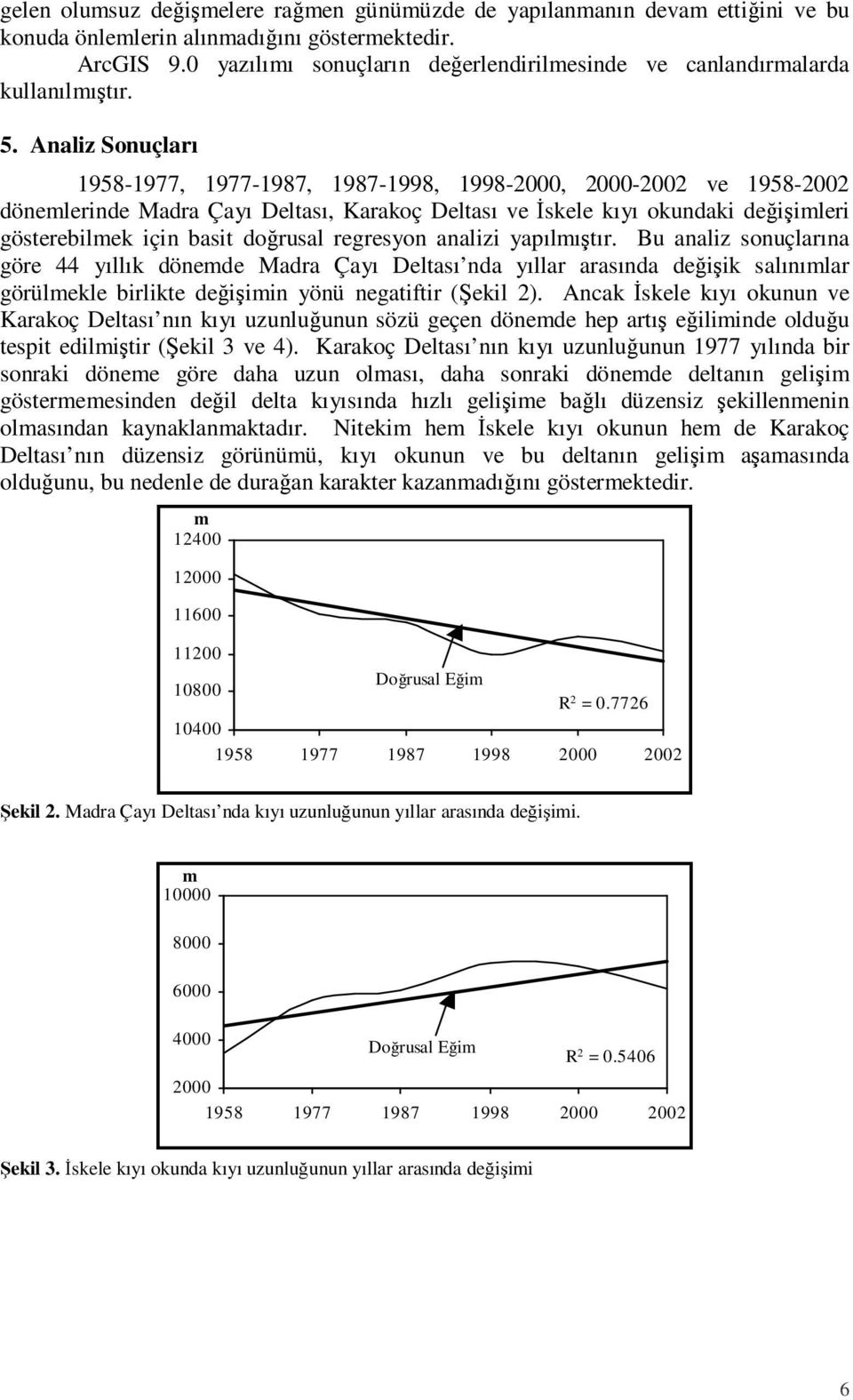 Analiz Sonuçları 1958-1977, 1977-1987, 1987-1998, 1998-2000, 2000-2002 ve 1958-2002 dönemlerinde Madra Çayı Deltası, Karakoç Deltası ve İskele kıyı okundaki değişimleri gösterebilmek için basit