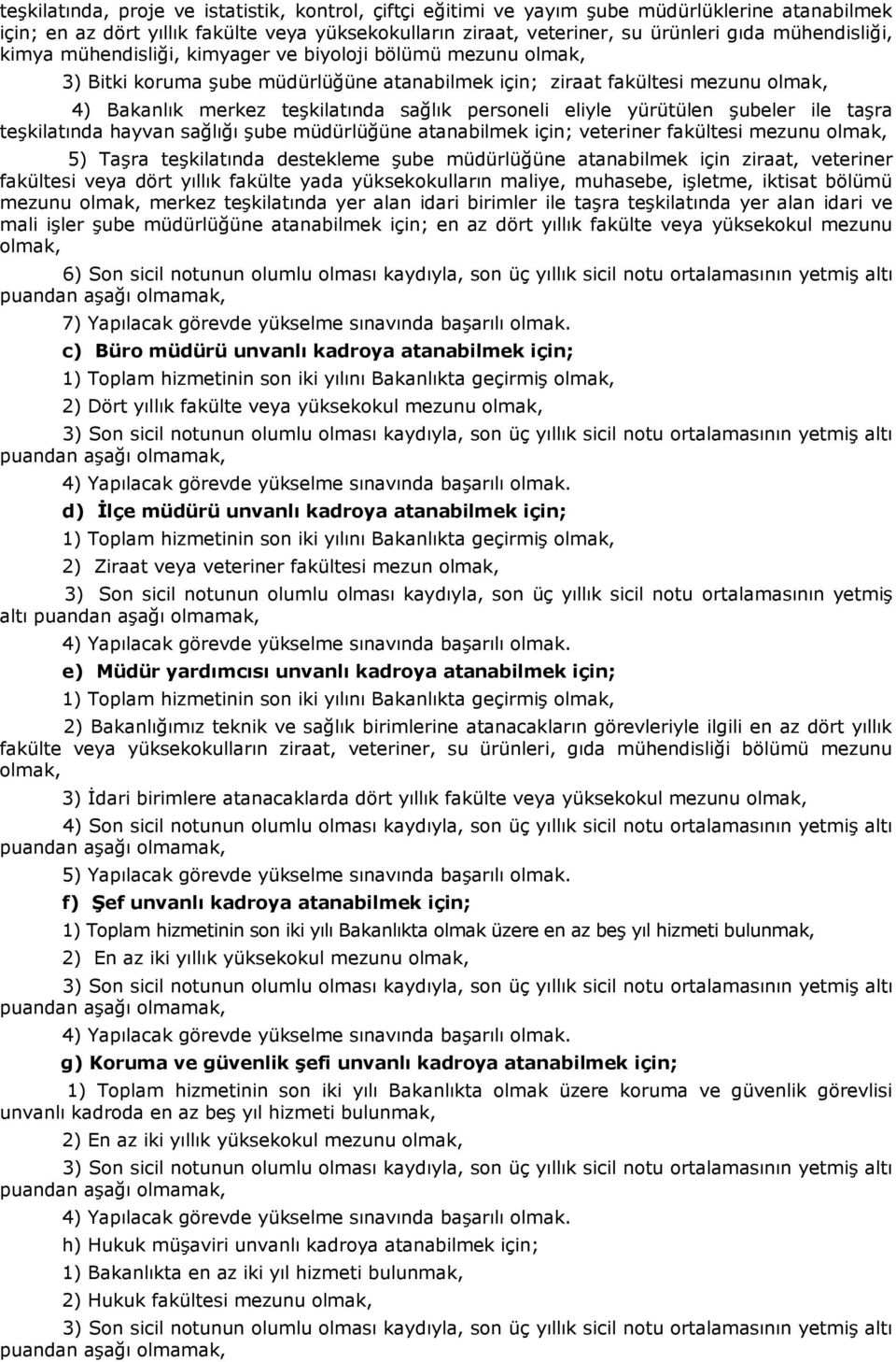 personeli eliyle yürütülen şubeler ile taşra teşkilatında hayvan sağlığı şube müdürlüğüne atanabilmek için; veteriner fakültesi mezunu olmak, 5) Taşra teşkilatında destekleme şube müdürlüğüne