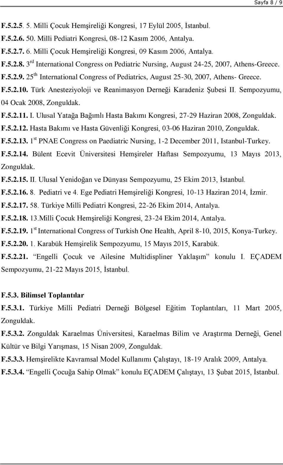 F.5.2.10. Türk Anesteziyoloji ve Reanimasyon Derneği Karadeniz Şubesi II. Sempozyumu, 04 Ocak 2008, Zonguldak. F.5.2.11. I. Ulusal Yatağa Bağımlı Hasta Bakımı Kongresi, 27-29 Haziran 2008, Zonguldak.
