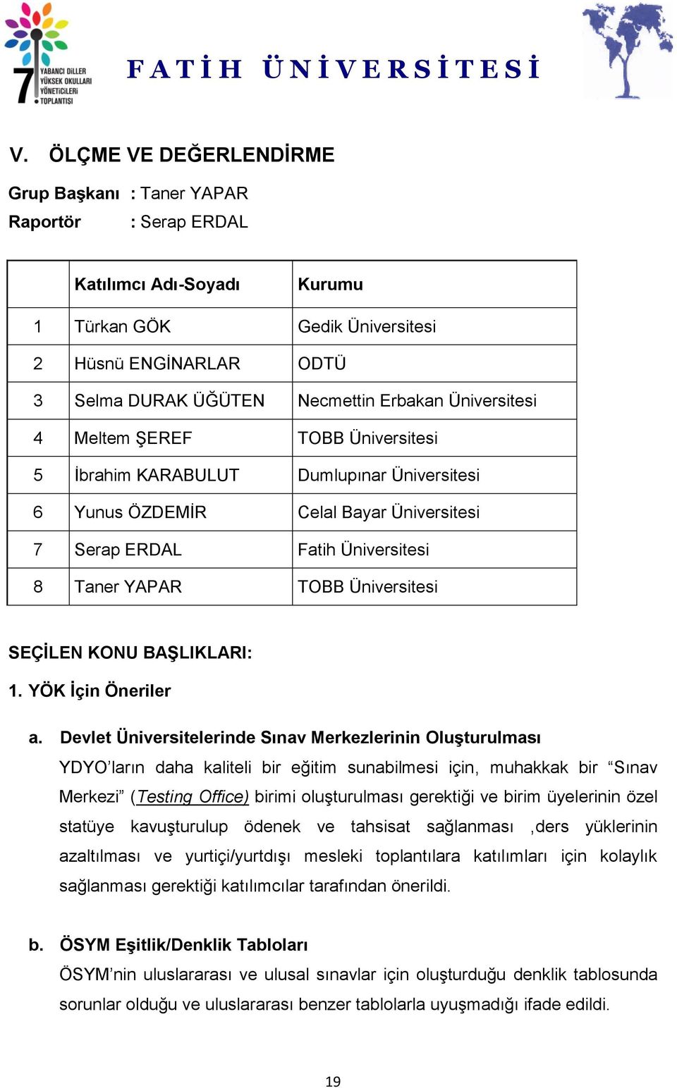 SEÇİLEN KONU BAŞLIKLARI: 1. YÖK İçin Öneriler a.