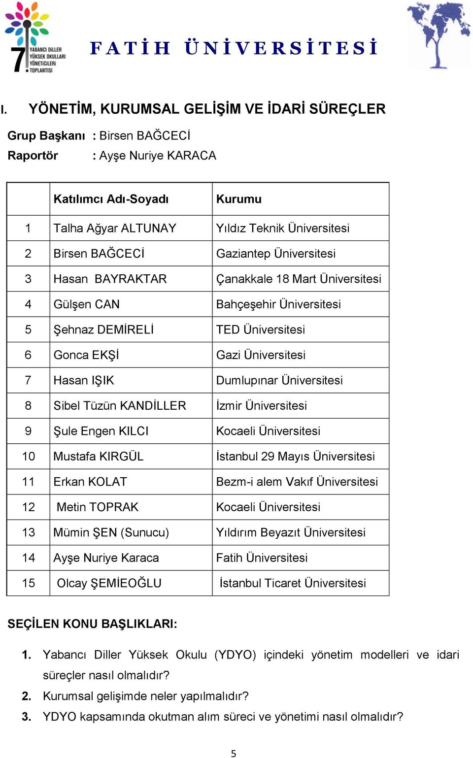 Dumlupınar Üniversitesi 8 Sibel Tüzün KANDİLLER İzmir Üniversitesi 9 Şule Engen KILCI Kocaeli Üniversitesi 10 Mustafa KIRGÜL İstanbul 29 Mayıs Üniversitesi 11 Erkan KOLAT Bezm-i alem Vakıf