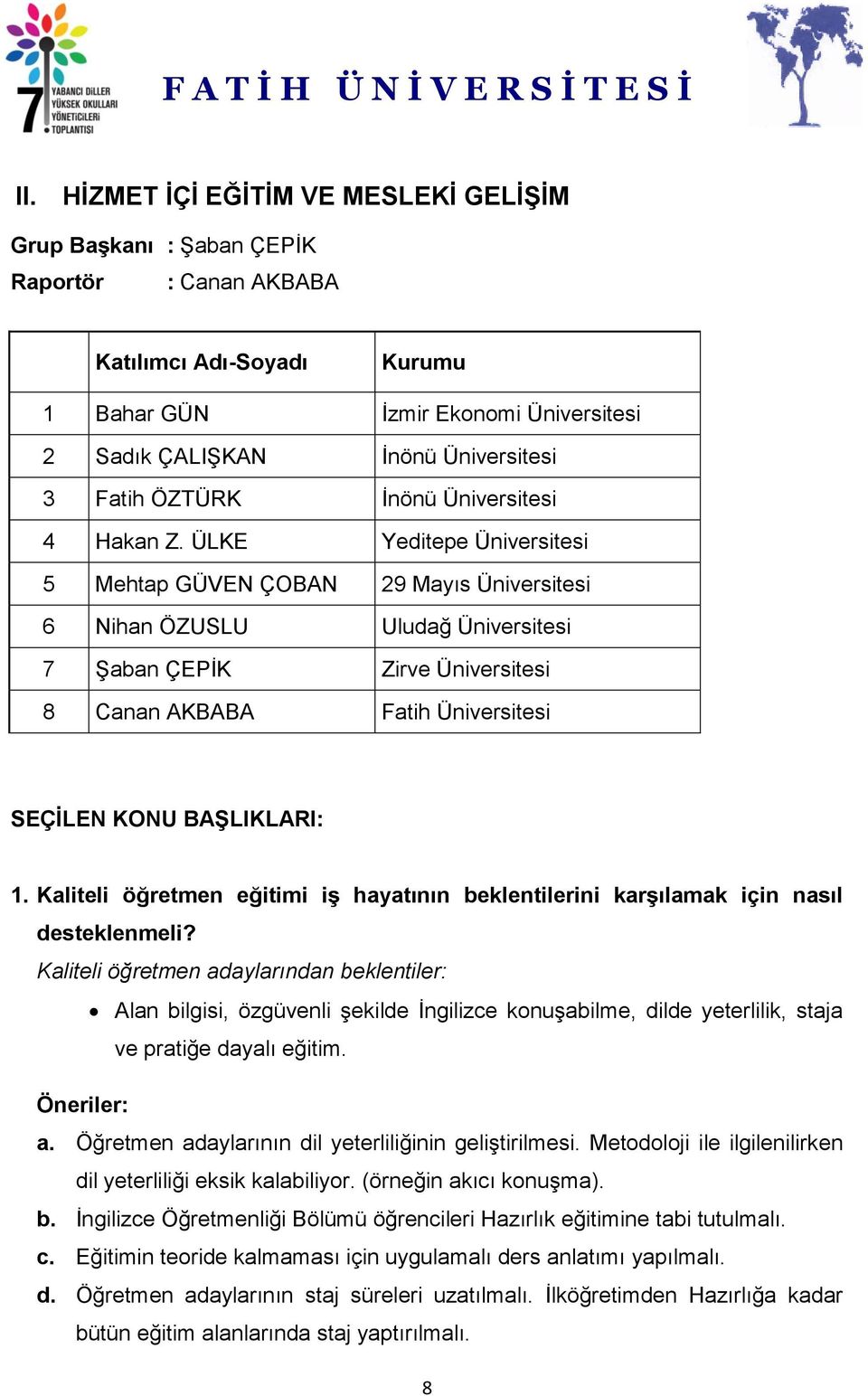 ÜLKE Yeditepe Üniversitesi 5 Mehtap GÜVEN ÇOBAN 29 Mayıs Üniversitesi 6 Nihan ÖZUSLU Uludağ Üniversitesi 7 Şaban ÇEPİK Zirve Üniversitesi 8 Canan AKBABA Fatih Üniversitesi SEÇİLEN KONU BAŞLIKLARI: 1.